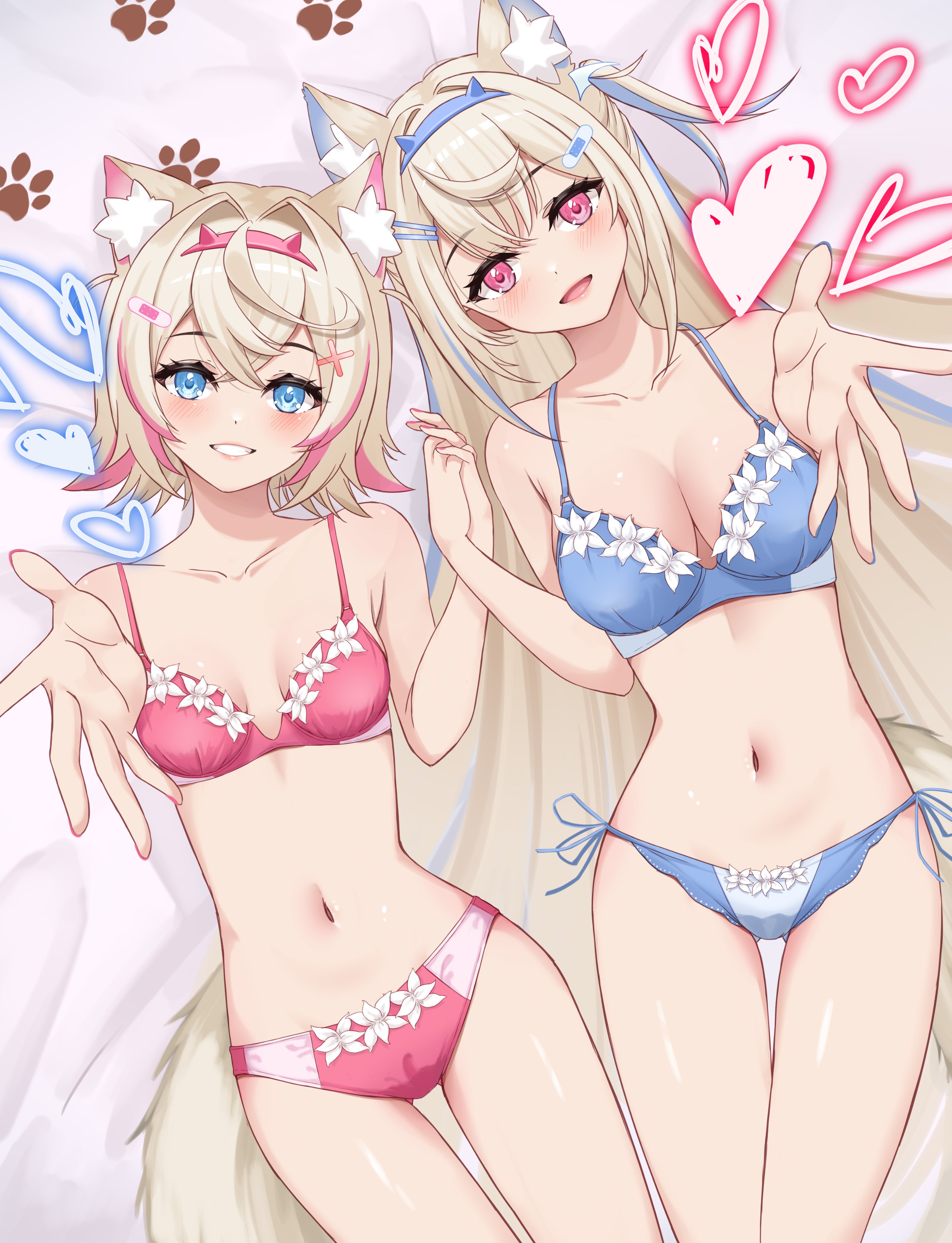 2girls, bed, breasts, dog paws, female, female only, fuwamoco, fuwawa abyssgard, grin, heart, hololive, hololive english, hololive english -advent-, in bed, inviting viewer, large breasts, lingerie, looking at viewer, lying on bed, mococo abyssgard, reaching out, reaching towards viewer, sisters, small breasts, smile, smiling at viewer, virtual youtuber