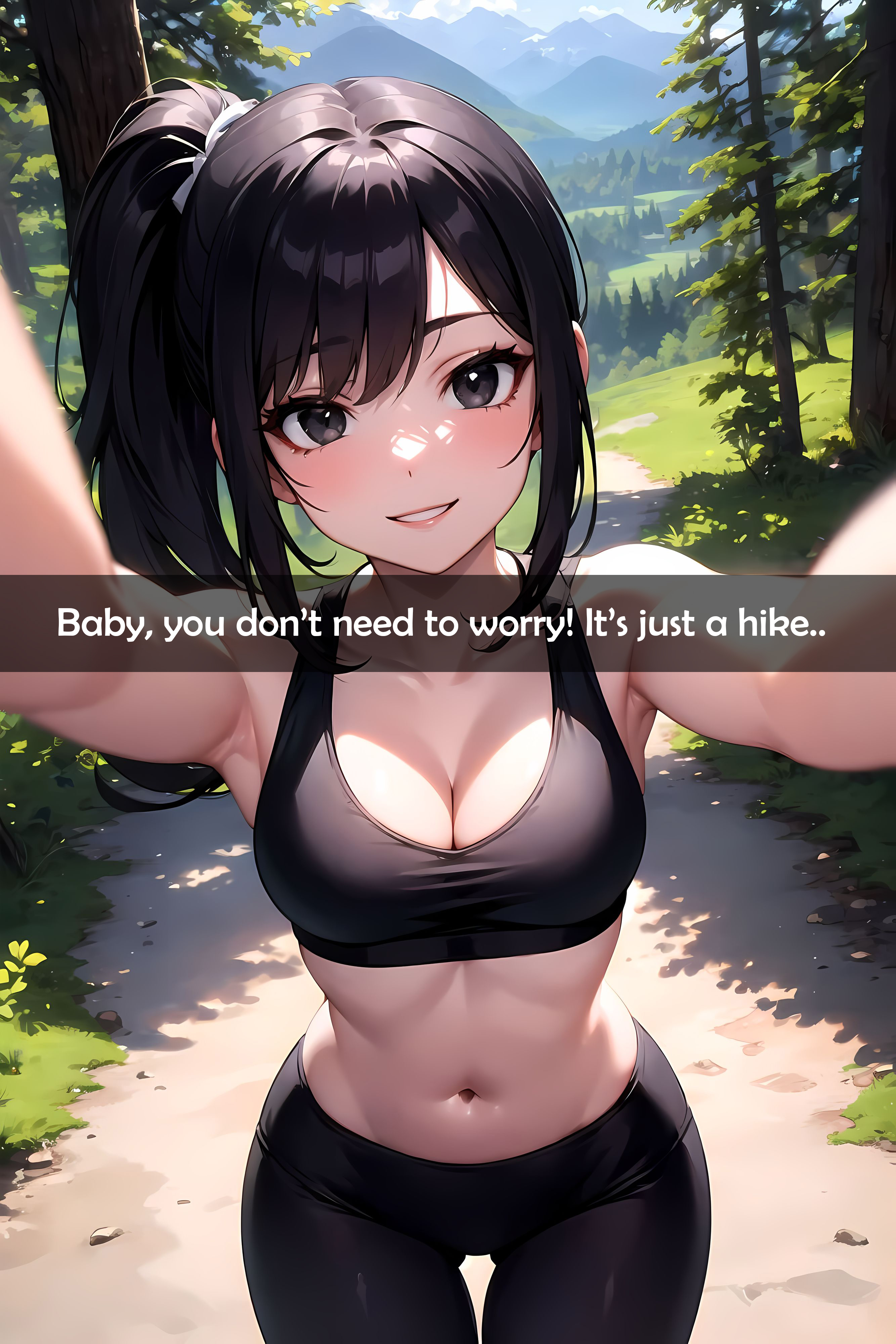 ai generated, black eyes, black hair, blush, cheating, cheating girlfriend, cleavage, female, gym uniform, midriff, navel, parted lips, short ponytail, smile, stable diffusion