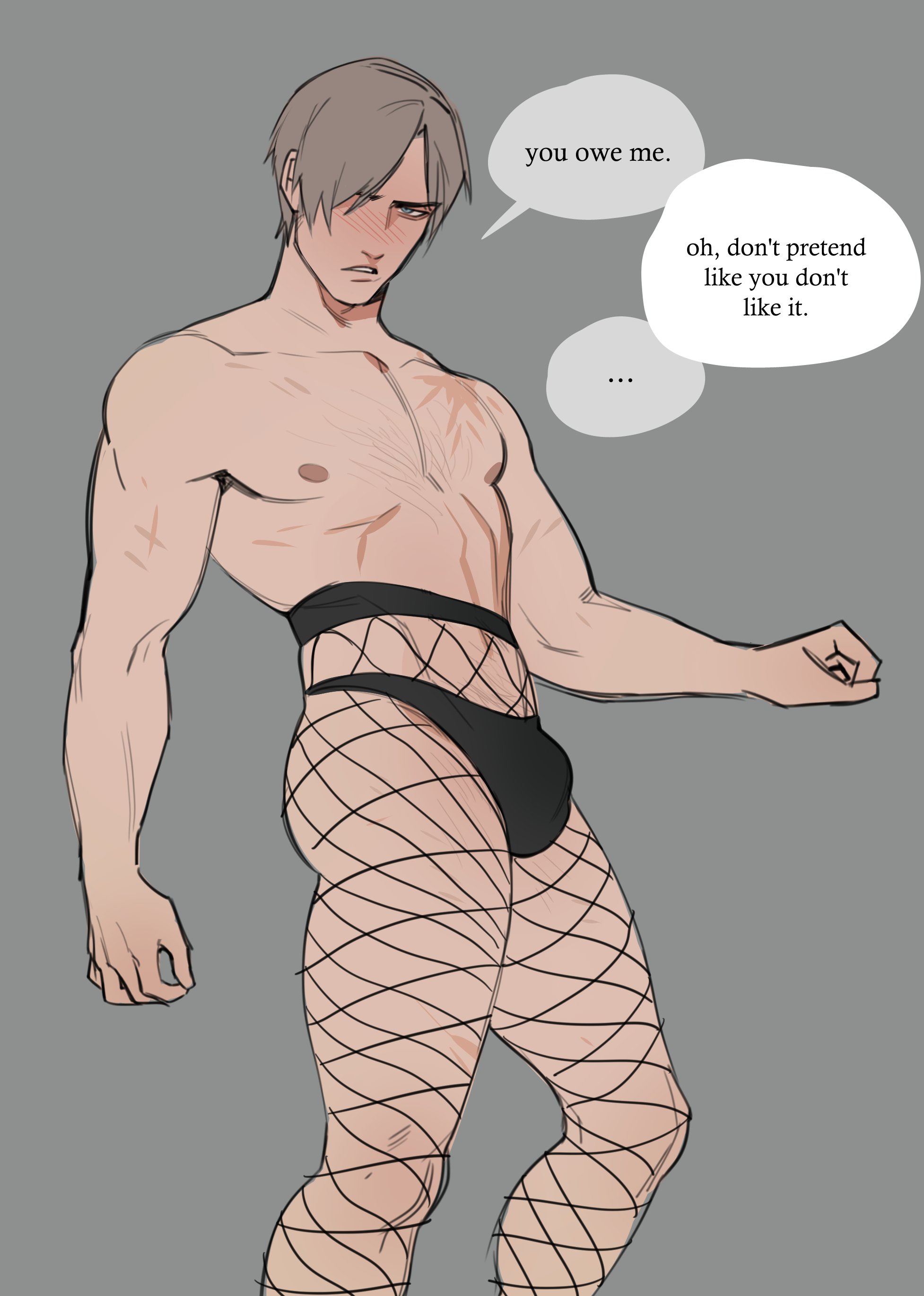 1boy, 2023, blue eyes, blush, brown hair, bulge, capcom, dialogue, english text, fishnet pantyhose, fishnets, glacierclear, grey background, hair over one eye, hi res, leon scott kennedy, looking at viewer, male, male only, narrowed eyes, penis, penis bulge, resident evil, resident evil 4, resident evil 4 remake, solo, speech bubble, talking to viewer, thong