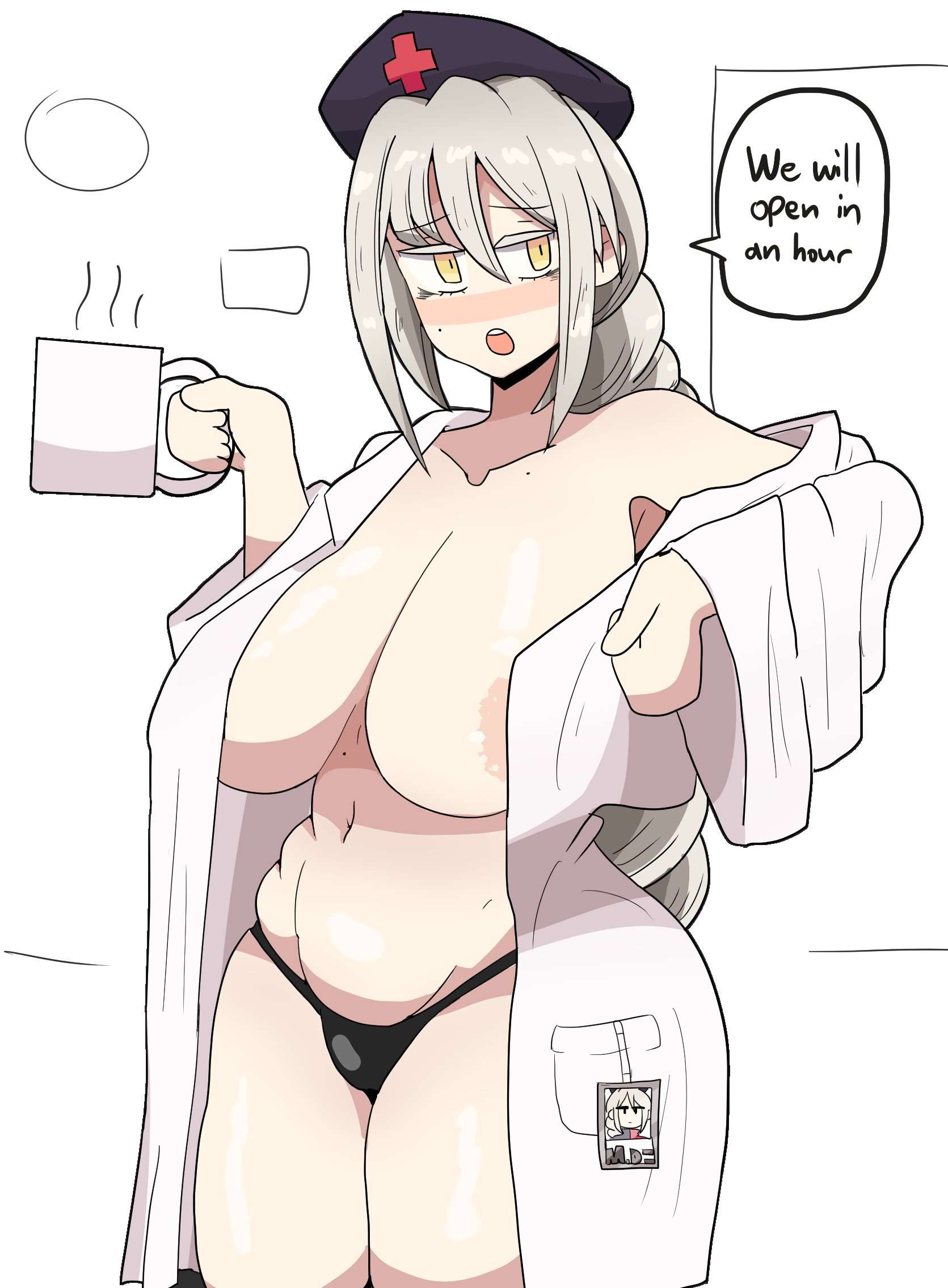 1girls, areola, areola slip, areolae slip, belly, belly button, big breasts, breasts, coffee, coffee mug, doctor, drinking, eirin yagokoro, english text, female, female only, grey hair, hat, mature female, mole, nipple slip, notnoe (dxcl), nurse, open jacket, partially clothed, silver hair, solo, solo female, text, text bubble, thick thighs, thighs, thong, touhou, white hair, yellow eyes
