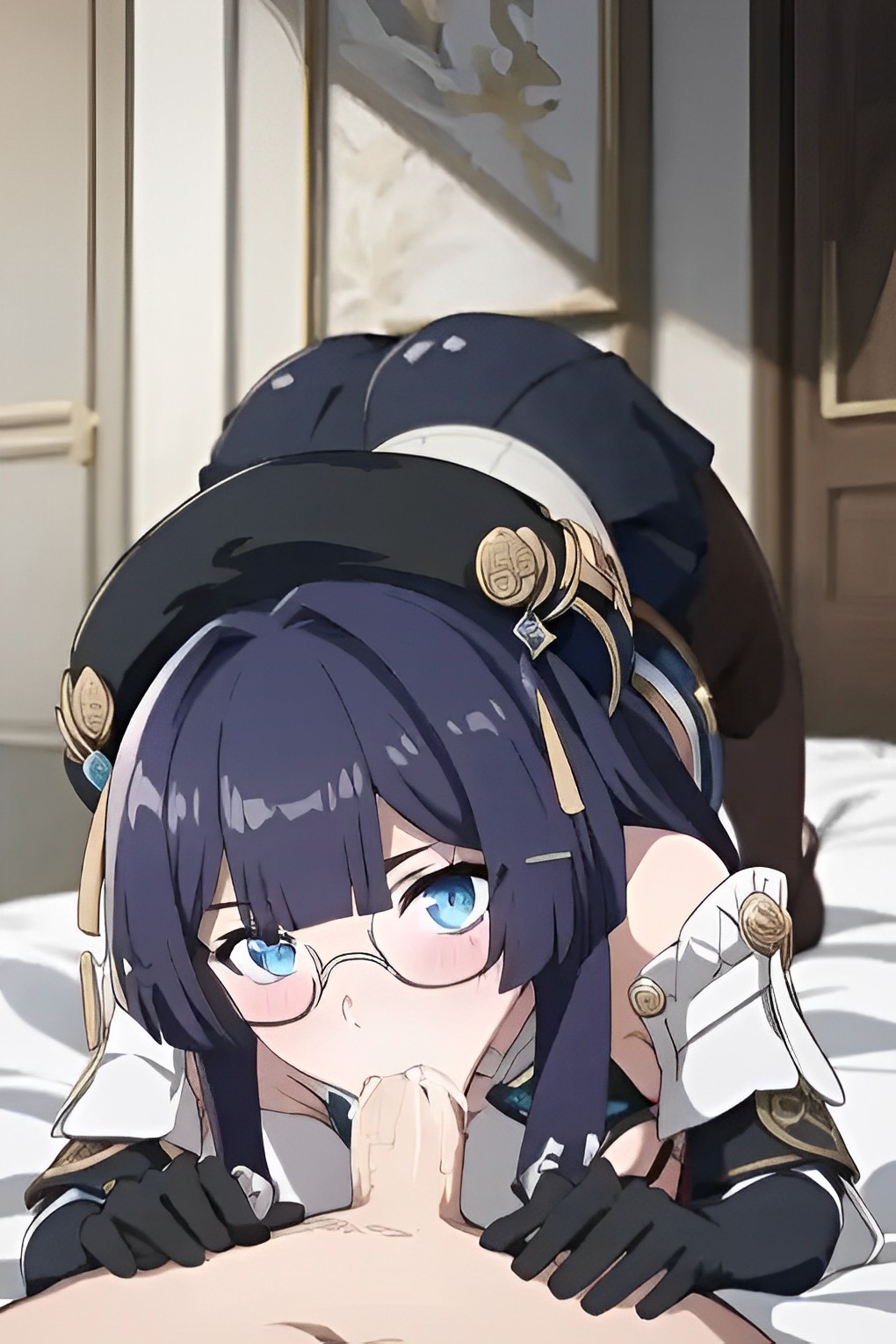 1boy, 1girls, ai generated, blowjob, blue eyes, blush, breasts, caelus (honkai: star rail), clothed, clothed sex, clothing, cum, cum in mouth, cum inside, cumshot, curvy, ejaculation, eye contact, fellatio, female, glasses, gloves, hat, honkai (series), honkai: star rail, hoyoverse, light skin, light-skinned female, looking at another, looking at viewer, male, medium breasts, mihoyo, nopemope26, oral, oral penetration, oral sex, pela (honkai: star rail), penis, pov, pov crotch, pov eye contact, purple hair, solo focus, straight, uncensored, video games
