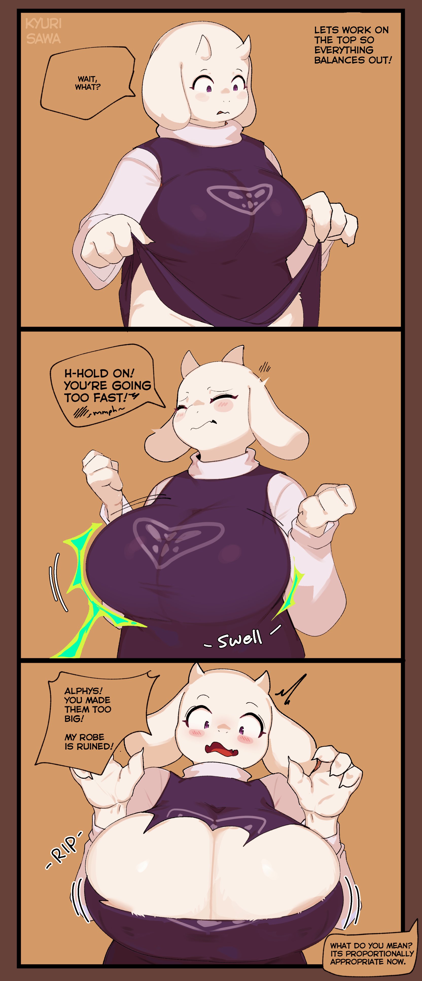 alphys, big breasts, boob window, breast expansion, breast growth, breast growth (enlargement), breasts, comic, dialogue, expansion, female, huge breasts, kyurisawa, ripped clothing, science fiction, tearing open top, text, toriel, undertale, undertale (series), wardrobe malfunction
