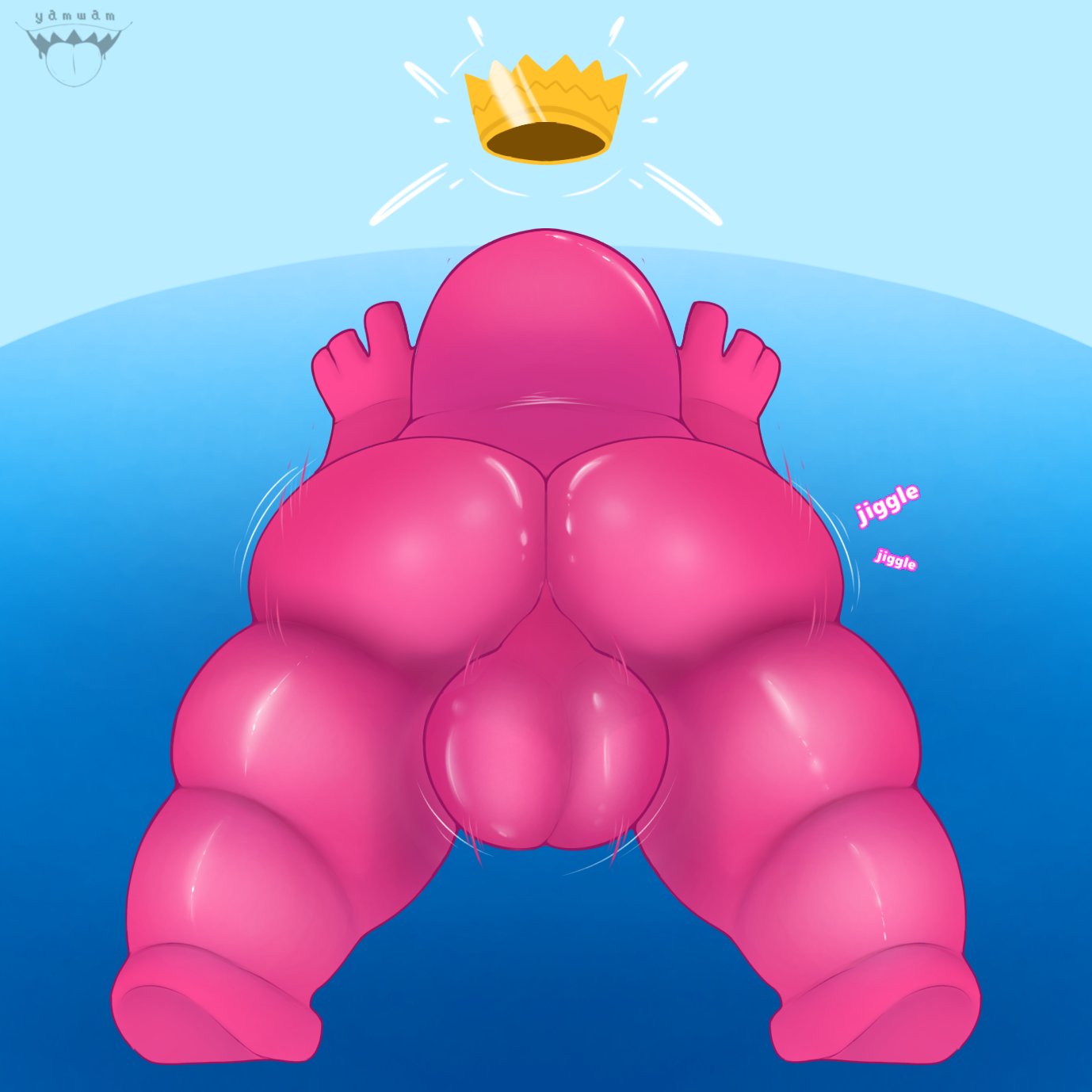 1boy 4_fingers big_ass big_balls big_butt blue_background butt_focus crown fall_guy fall_guys gay hi_res jiggle jiggling_ass male male_only pink_body reaching_out solo solo_male text thick_thighs video_games watermark wide_hips worm's-eye_view yamwamm