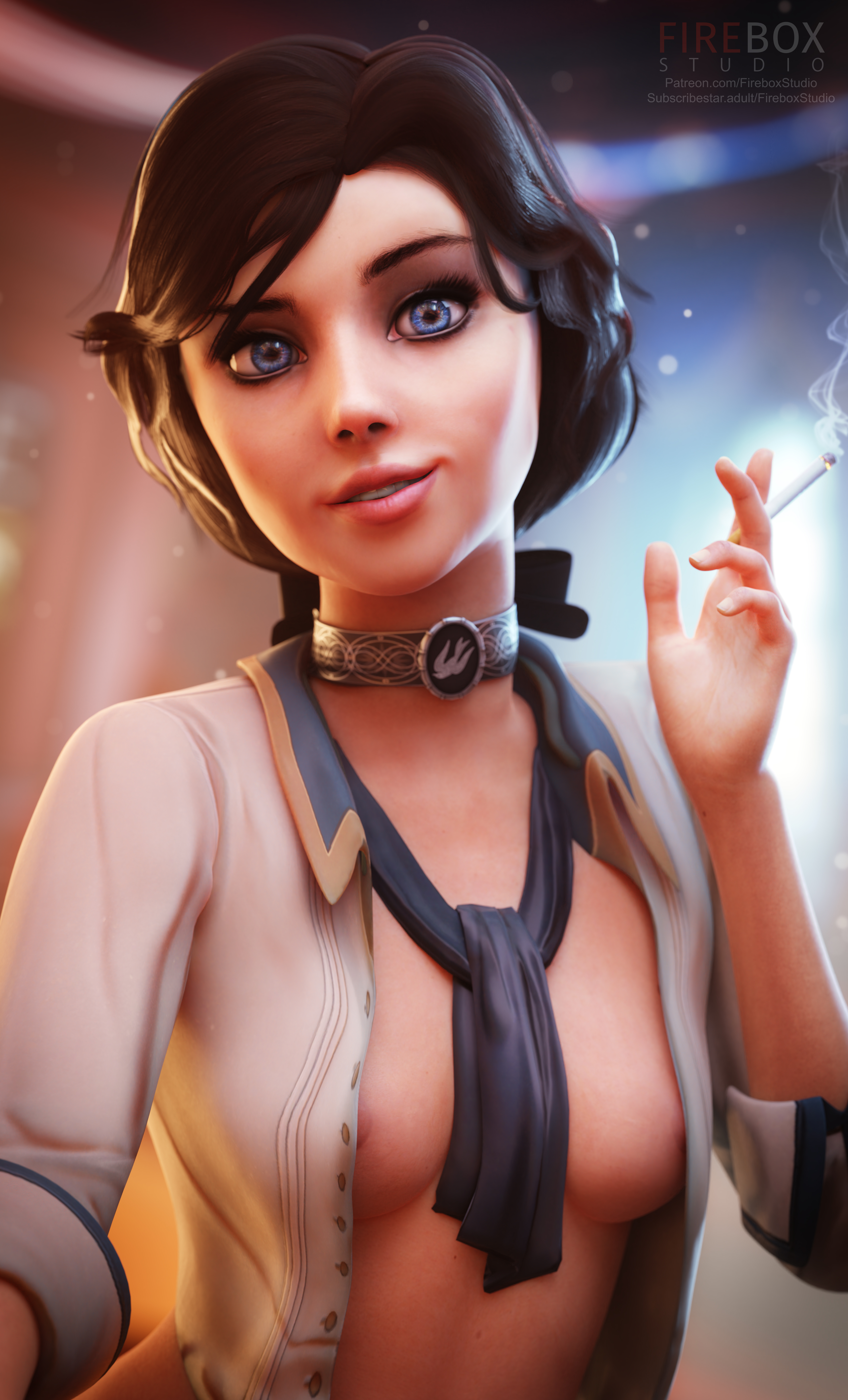 1girls, 3d, alternate version available, bioshock, bioshock infinite, black hair, blender, blue eyes, breasts, cigarette, coat, elizabeth comstock, female, female only, fireboxstudio, highres, light skin, light-skinned female, long hair, looking at viewer, open clothes, open clothing, shirt, small breasts, smoking, solo, standing, topwear, watermark