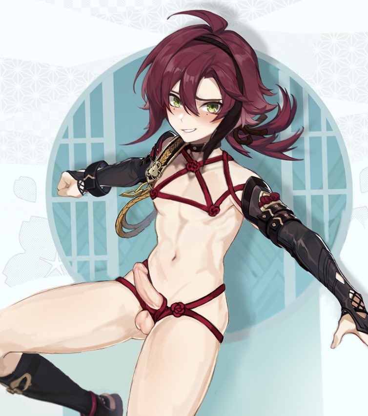 1boy, blanc nasties, bondage, edit, genshin impact, male, male focus, male only, nude filter, shikanoin heizou, third-party edit
