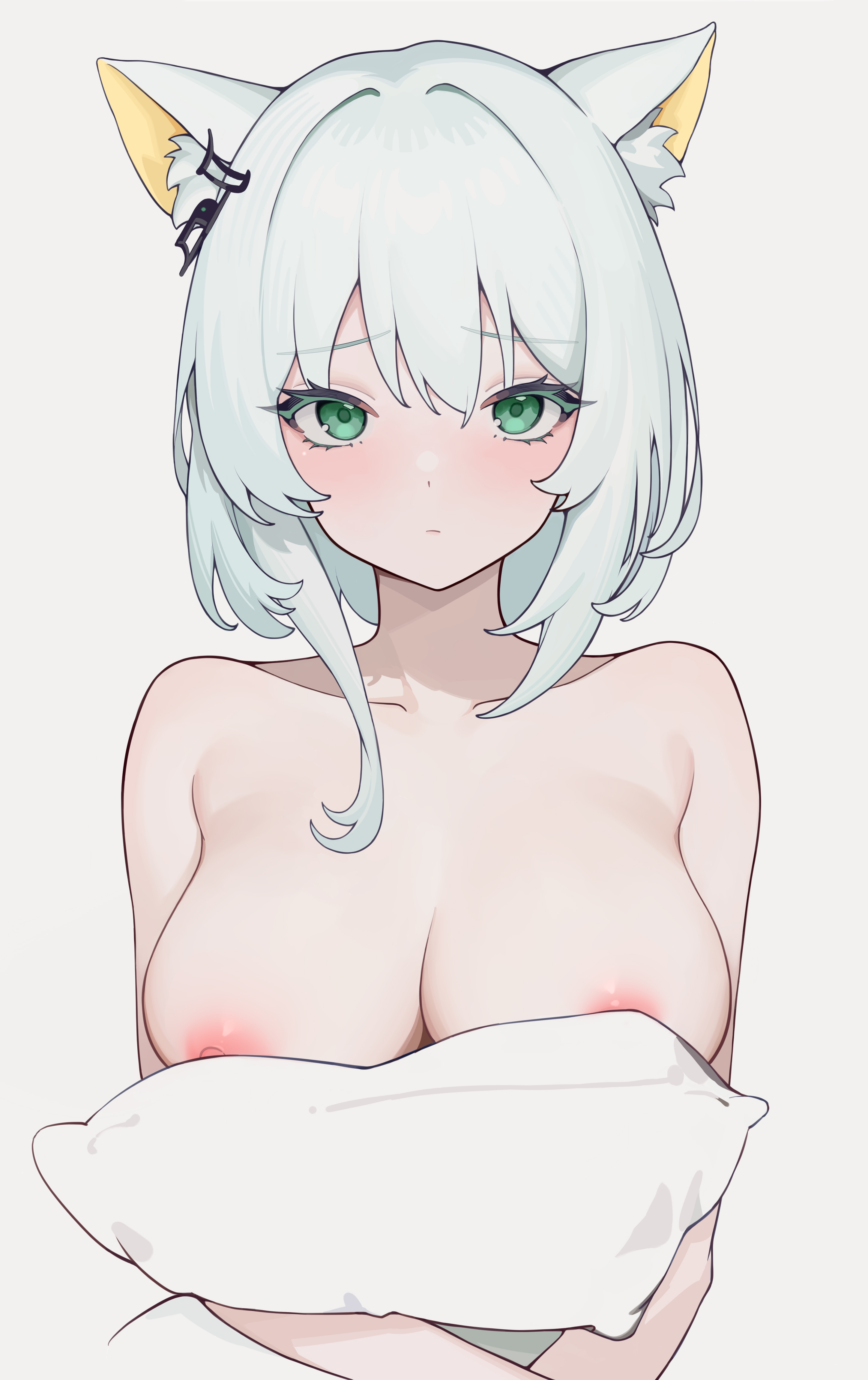 absurdres, animal ear fluff, animal ears, arknights, asymmetrical hair, blue hair, breasts, cat ears, closed mouth, collarbone, female, green eyes, hair between eyes, hair ornament, hairclip, highres, juejue, kal'tsit (arknights), large breasts, light blue hair, light blush, light frown, looking at viewer, medium hair, nipples, nude, object hug, pillow, pillow hug, simple background, straight-on, upper body, white background, white hair