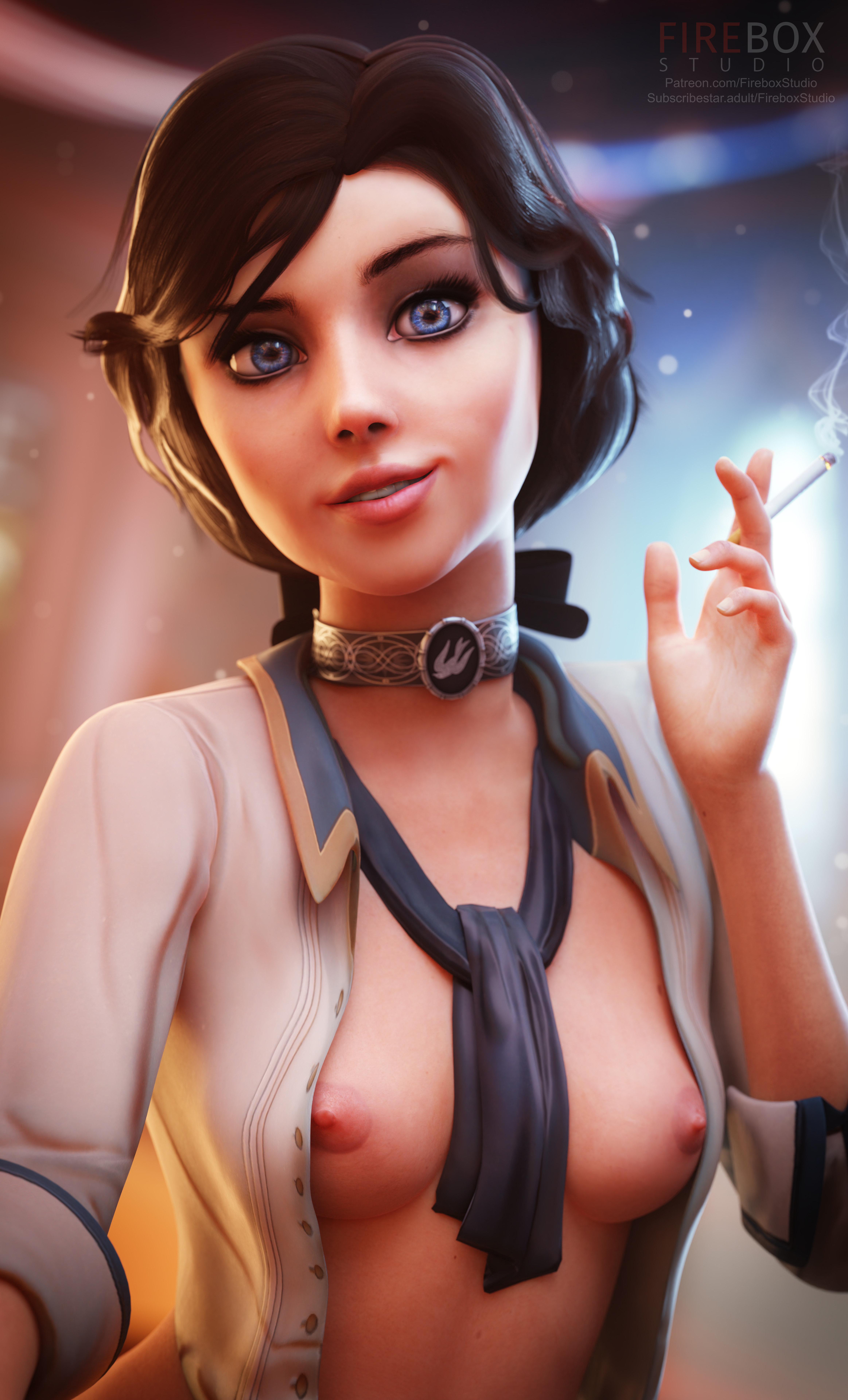 1girls, 3d, alternate version available, areolae, bioshock, bioshock infinite, black hair, blender, blue eyes, breasts, breasts out, brown hair, cigarette, coat, elizabeth comstock, female, female focus, female only, fireboxstudio, highres, light skin, light-skinned female, long hair, looking at viewer, nipples, open clothes, open clothing, presenting, presenting breasts, shirt, small breasts, smoking, solo, solo female, solo focus, standing, straight hair, topwear, watermark
