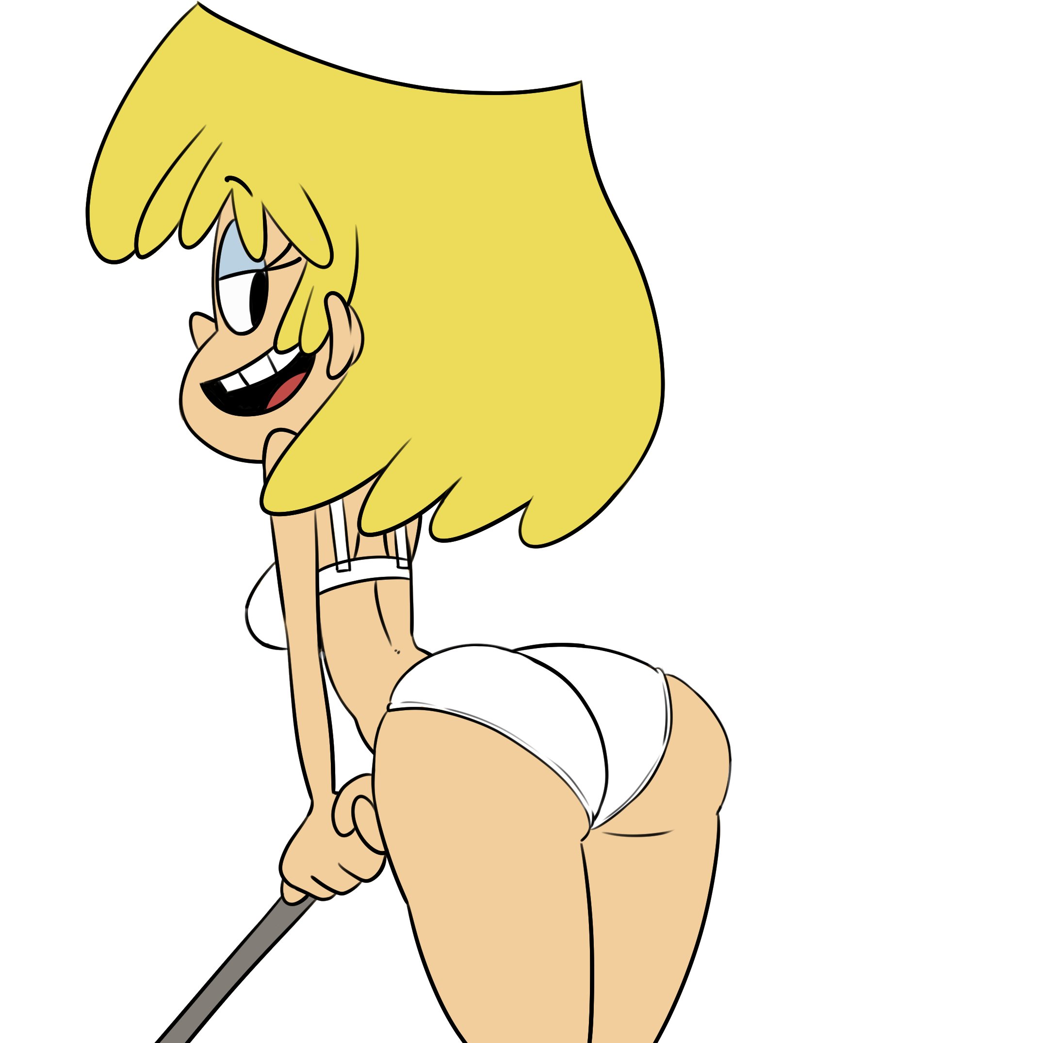 1girls, alternate version available, blonde hair, eyelashes, female, golf club, light skin, light-skinned female, long hair, looking back, lori loud, nickelodeon, pokachu (artist), rear view, skinny, the loud house, thin, thin female, white background