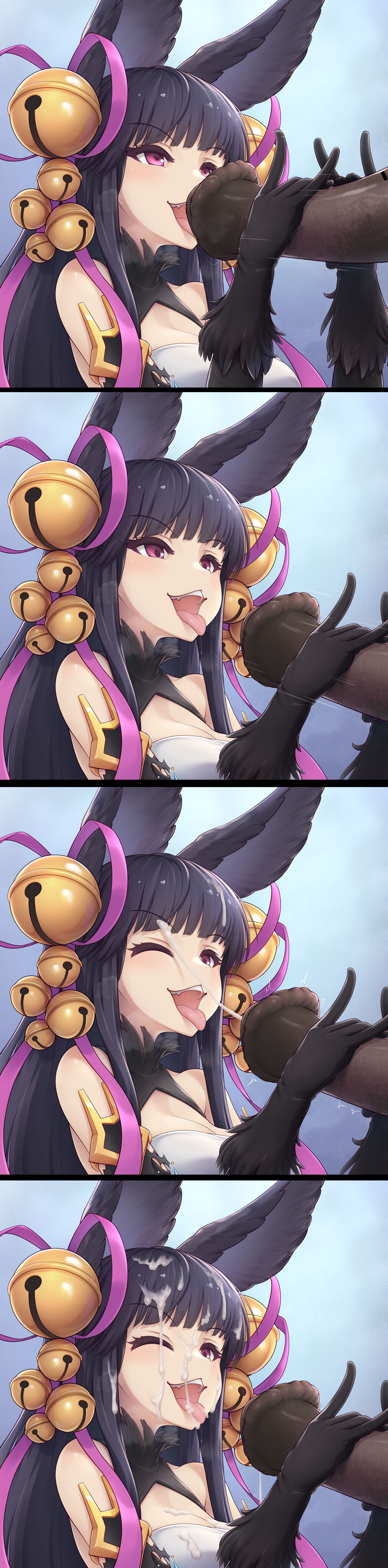 1animal 1girls akai_(artist) clothing cum cum_on_breasts cum_on_face cum_on_hair cum_on_tongue ejaculation fox_girl granblue_fantasy hand_on_penis handjob horsecock licking_penis purple_eyes smile yuel_(granblue_fantasy) zoophilia