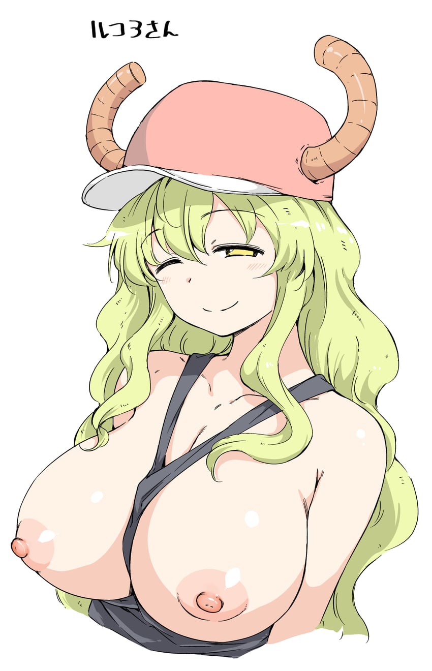 1girls baseball_cap between_breasts big_breasts black_tank_top blonde_hair breasts breasts_out clothes_between_breasts collarbone dragon_girl hamao hat horns kobayashi-san_chi_no_maidragon large_breasts long_hair looking_at_viewer lucoa miss_kobayashi's_dragon_maid nipples no_bra one_eye_closed pink_headwear quetzalcoatl_(dragon_maid) simple_background smiling solo tank_top topless upper_body wavy_hair white_background winking_at_viewer yellow_eyes