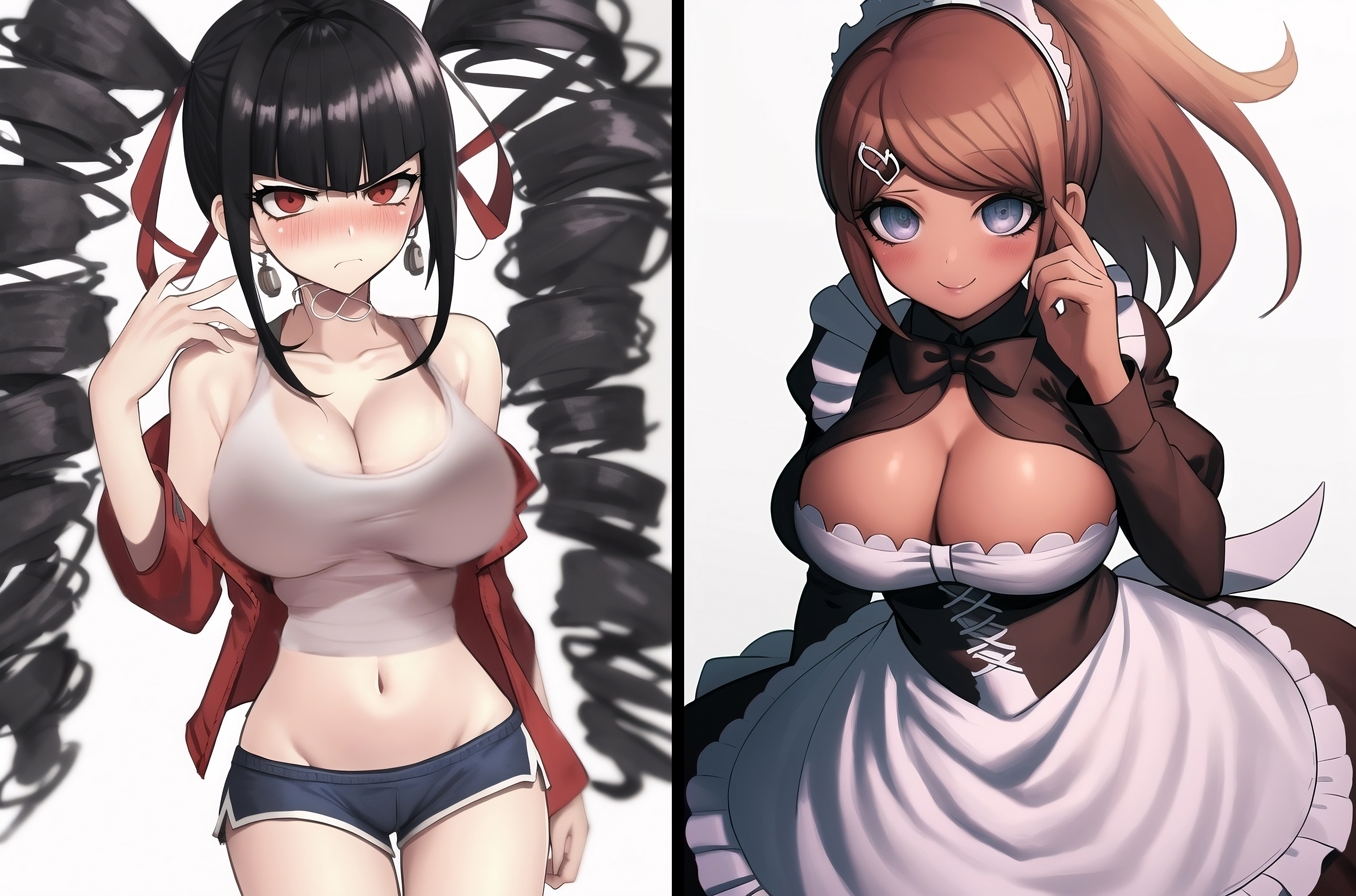 2girls, ai generated, asahina aoi, big breasts, blush, breasts, celestia ludenberg, cleavage cutout, danganronpa, danganronpa: trigger happy havoc, dark skin, dark-skinned female, dolphin shorts, female, female only, frown, gothic lolita, jacket, large breasts, lolita fashion, looking at viewer, maid headdress, maid uniform, midriff, multiple females, multiple girls, n.c.b ai, outfit swap, short shorts, smile, stable diffusion, tank top, twin drills, white background