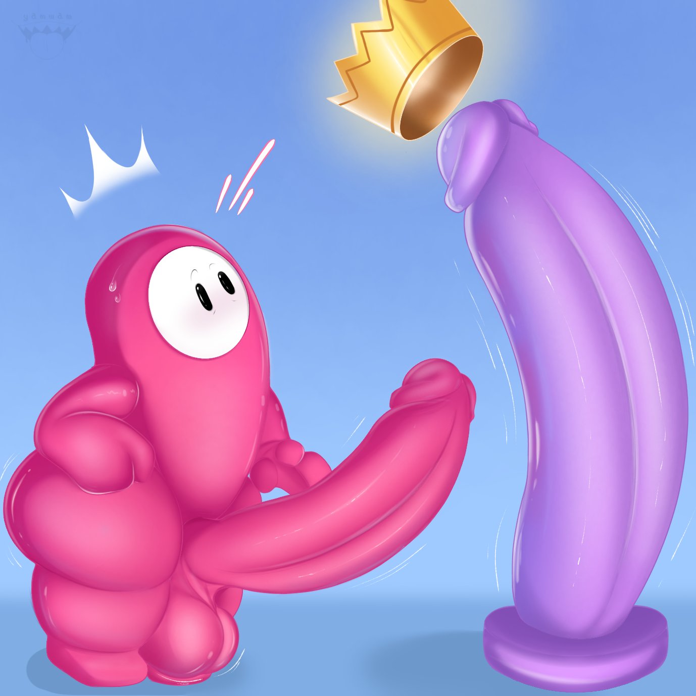 1boy balls big_ass big_balls big_butt big_penis blue_background crown dildo erect_penis erection fall_guy fall_guys gay huge_cock huge_dildo hyper_dildo hyper_penis it'll_never_fit male male_only motion_lines no_mouth penis pink_body simple_background solo solo_male sweatdrop thick_thighs watermark wide_hips yamwamm