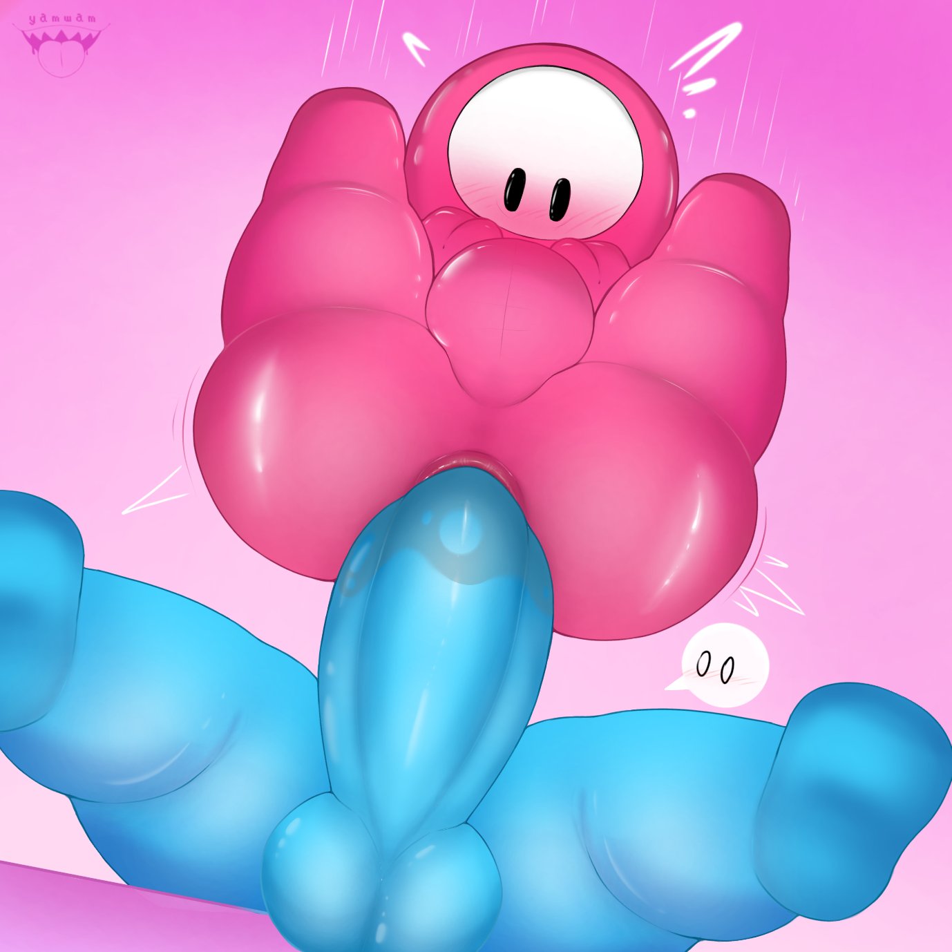 2boys anal anal_sex ball_bulge big_ass big_balls big_butt big_penis blue_penis blush fall_guy fall_guys falling gay hi_res huge_cock male male/male male_only penis pink_background simple_background video_games watermark yamwamm