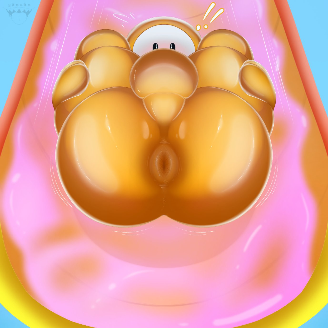 1boy ball_bulge big_ass big_balls big_butt blue_background blush bulge butt_focus exclamation_point fall_guy fall_guys gay hi_res male male_only presenting_anus presenting_hindquarters slide sliding solo solo_male thick_thighs video_games watermark wide_hips yamwamm yellow_body