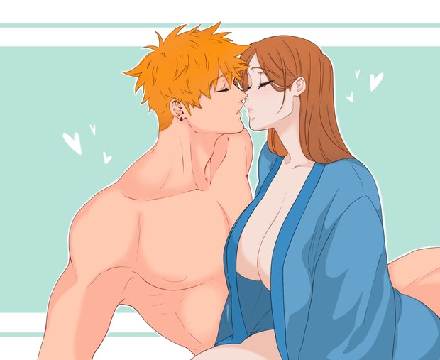 1boy, 1girls, big breasts, bleach, breasts, brown hair, cleavage, couple, female, ichigo kurosaki, imminent kiss, inoue orihime, long hair, male, open shirt, orange hair, romantic, short hair, tanukilk, topless male, wholesome