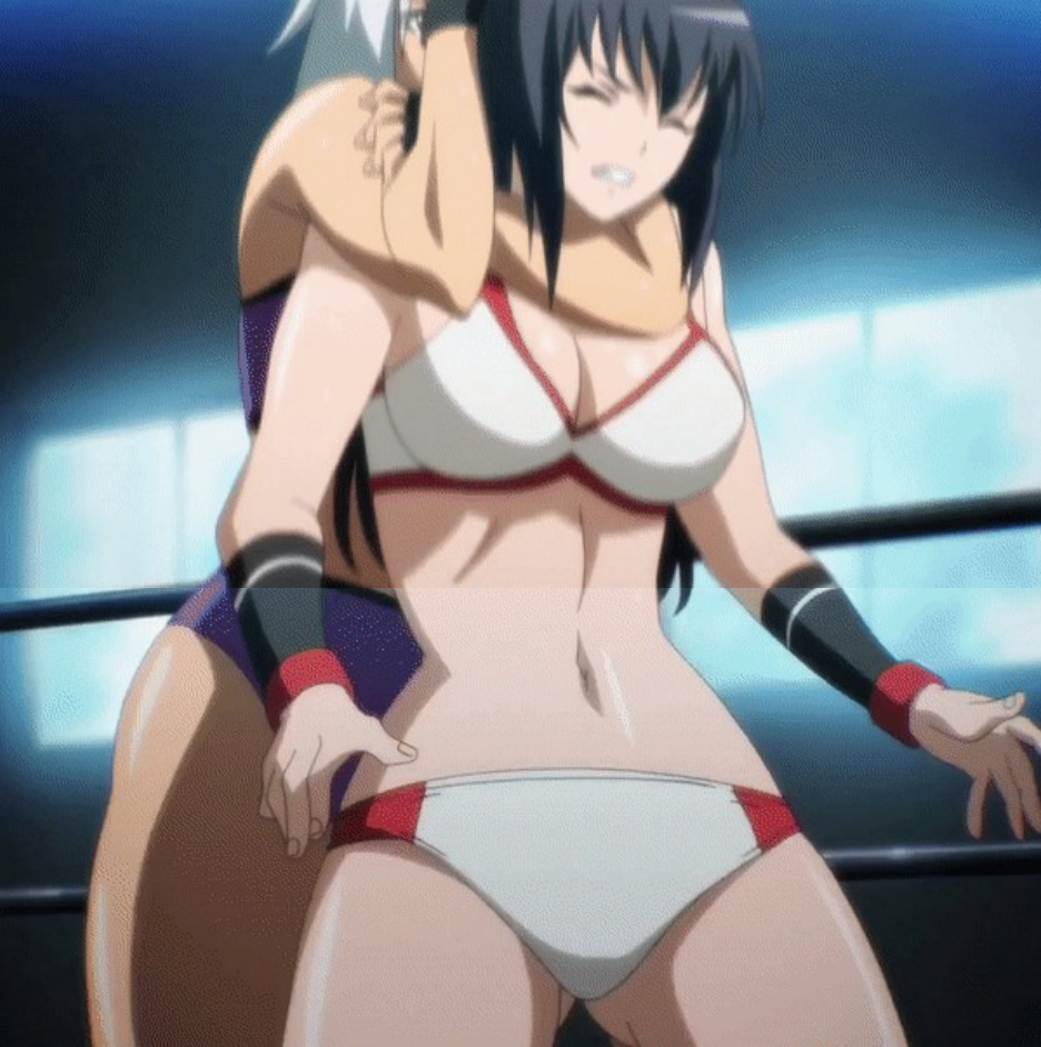 2girls belly_button catfight female female_only hagiwara_sakura kazama_rio multiple_girls neck_hold sekai_de_ichiban_tsuyoku_naritai! stitched wrestler wrestling wrestling_outfit wrestling_ring