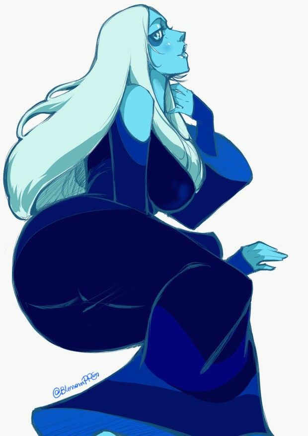 1girls, alien, alien girl, alien humanoid, artist name, ass, ass focus, big ass, big breasts, blue body, blue diamond (steven universe), blue dress, blue eyes, blue skin, breasts, cartoon network, diamond, female, female focus, hand on hair, long dress, long hair, parted lips, steven universe, thick ass, thick lips, thighhighs, very long hair, white hair