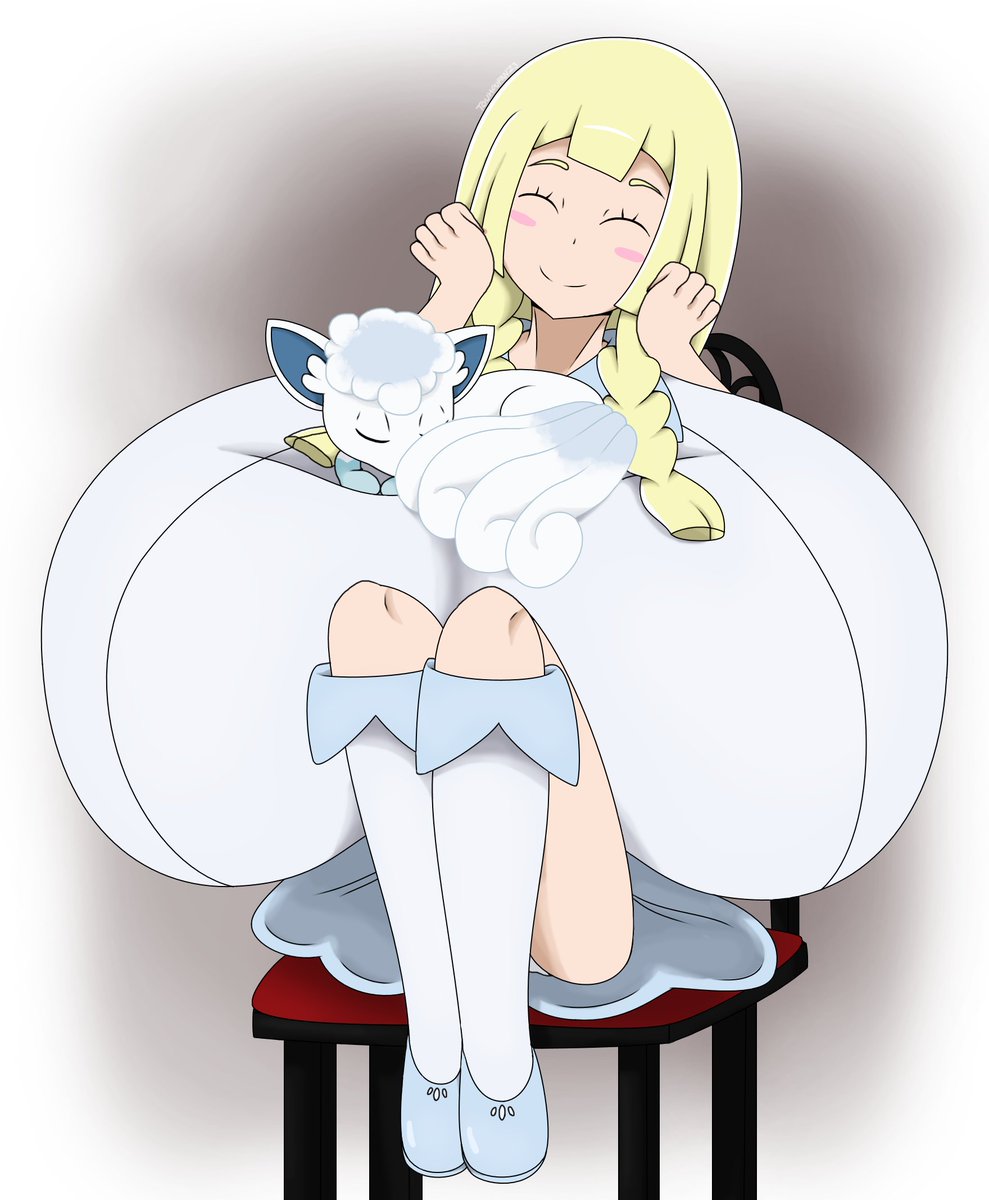 alolan_vulpix big_breasts blonde_hair breasts_bigger_than_head breasts_bigger_than_torso clothed cute female female_only game_freak hyper_breasts lillie_(pokemon) nintendo pokemon pokemon_(species) pokemon_sm sleeping_on_breasts touhoufan vulpix wholesome