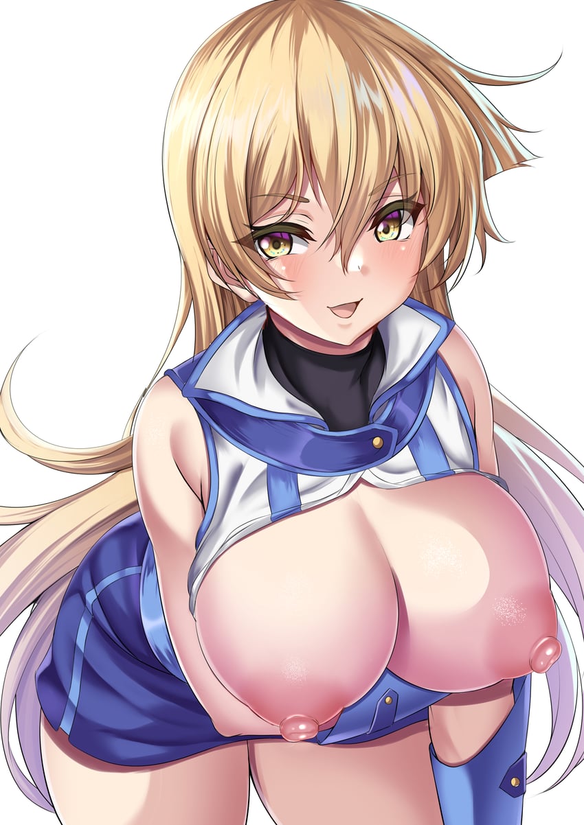 1girls, alexis rhodes, arm under breasts, bare shoulders, bent over, big breasts, blonde hair, blue skirt, breast hold, breasts, breasts out, cowboy shot, duel academy uniform (yu-gi-oh! gx), erect nipples, female, gloves, hair between eyes, hanging breasts, large breasts, long hair, messy hair, miniskirt, nipples, no bra, open mouth, parapetto, pink nipples, simple background, skirt, sleeveless, smile, solo, tenjouin asuka, topless, turtleneck, very long hair, white background, yellow eyes, yu-gi-oh!, yu-gi-oh! gx