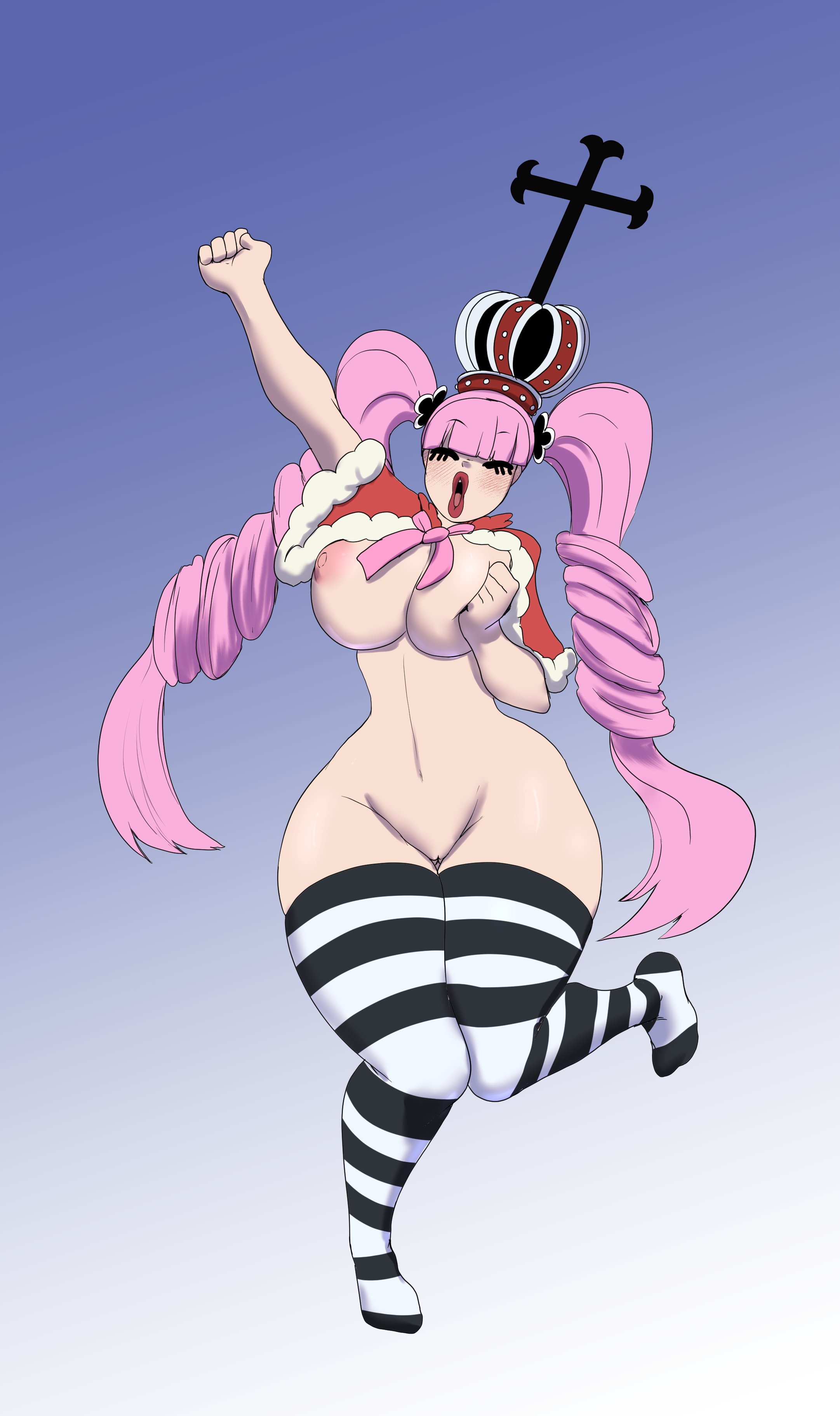 1girls, big breasts, breasts, closed eyes, exposed breasts, exposed pussy, female, female focus, female only, light skin, light-skinned female, n-ronin, naked, naked female, naked stockings, no bra, no panties, one piece, perona, pink hair, pink-haired female, pussy, striped legwear, thick thighs, twintails, wide hips