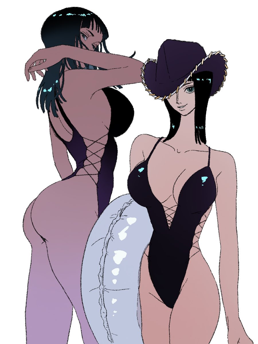 1girls, big breasts, black hair, black-haired female, breasts, cowboy hat, female, female only, hat, hisarakanoi, large breasts, looking at viewer, mature female, miss all sunday, nico robin, one piece, one-piece swimsuit, pre-timeskip, slim waist, villainess