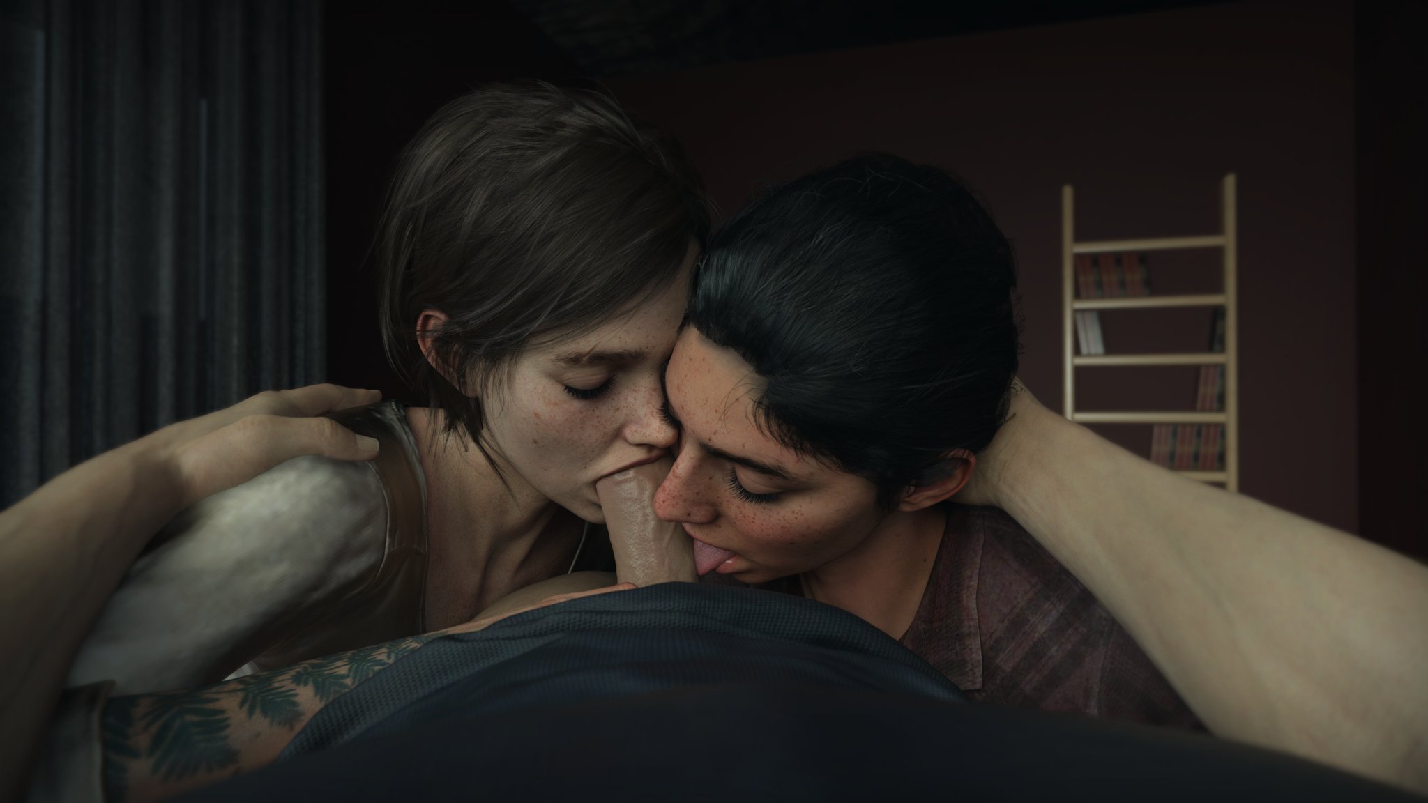 1boy, 2girls, 3d, artist request, athletic, athletic female, bedroom, bisexual, bisexual couple, bisexual female, black hair, blowjob, bookshelf, brown hair, closed eyes, cock, collaborative fellatio, couple, couple fellatio, dina (the last of us), dressed, ellie (the last of us), ellie williams, erection, eyelashes, fellatio, female, ffm threesome, human, licking, licking penis, light skin, light-skinned male, lips, male, male pov, multiple females, multiple girls, naughty dog, on back, on bed, oral, orientation play, partially clothed, penis, petite, pov, shirt, skinny, straight, submissive, submissive female, tattoo, teamwork, the last of us, the last of us 2, threesome, tongue, tongue out
