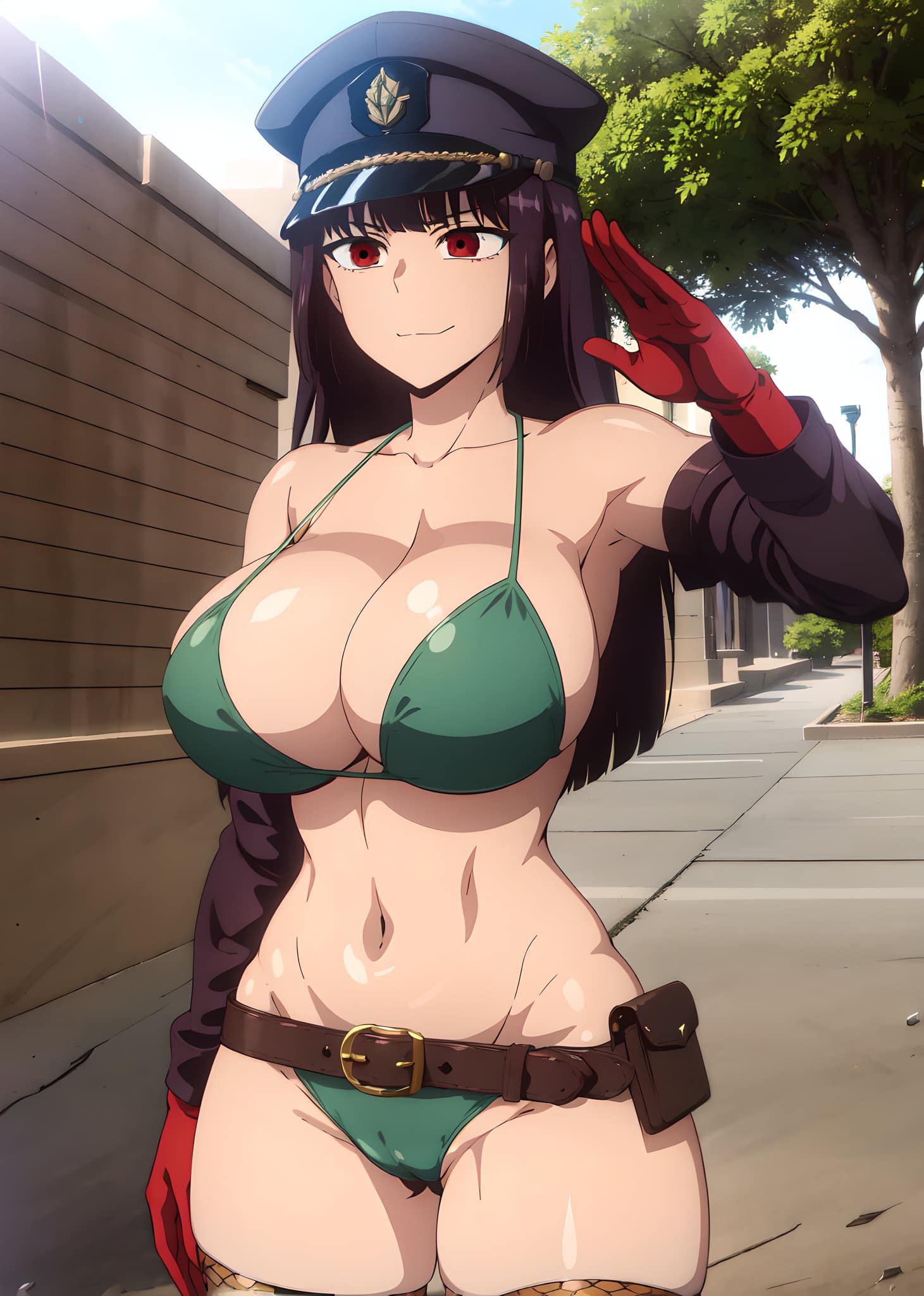 1girls, ai generated, arm up, armpits, big breasts, bikini, breasts, busty, cleavage, female, female only, green bikini, hi res, legs, looking at viewer, male, navel, please don't bully me, nagatoro, pose, posing, president (nagatoro), purple hair, red eyes, salute, sana sunomiya, smile, solo, sportswear, stable diffusion, thighs, toned, toned male