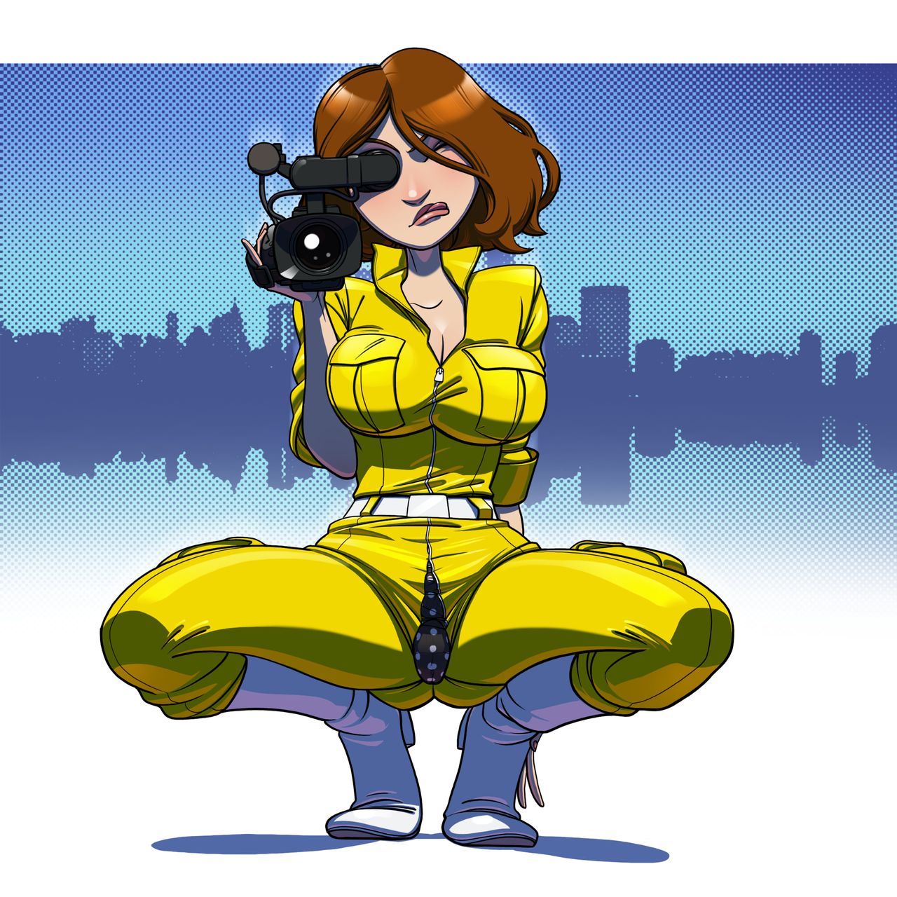 april_o'neil april_o'neil_(tmnt_1987) busty cameltoe cleavage concentrating crotchless female_focus filming gao23 hourglass_figure large_breasts oblivious polka_dot_panties split_pants squatting teenage_mutant_ninja_turtles unaware wardrobe_malfunction white_boots yellow_jumpsuit zipper_jumpsuit