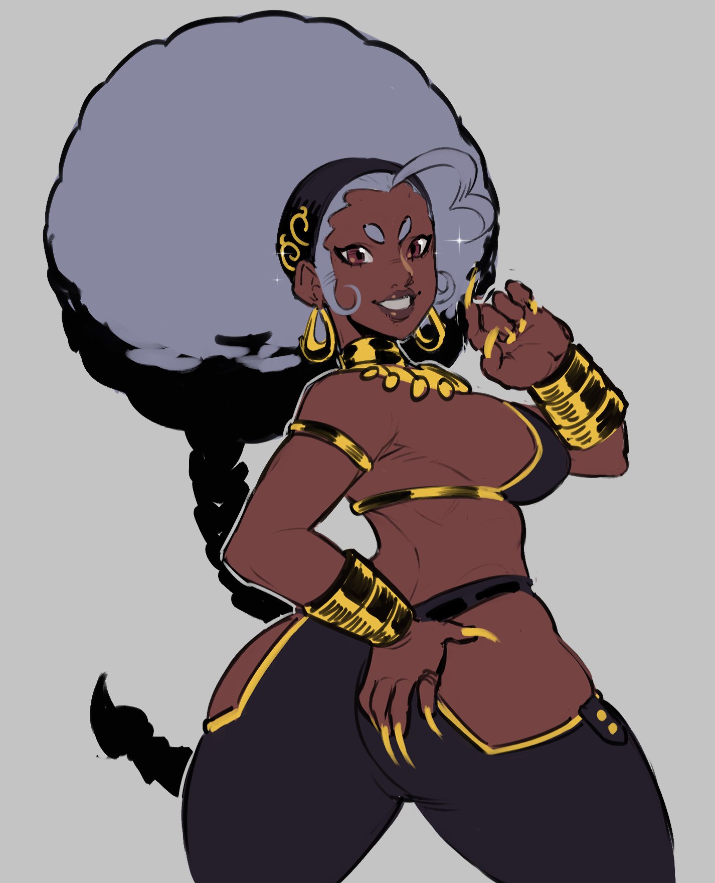 afro, ass, bandana, bracelet, breasts, brown eyes, brycecarringto5, crop top, dark skin, dark-skinned female, earrings, female, female only, grey hair, hair braid, hand on ass, hand on butt, huge breasts, leggings, looking at viewer, nails, pinup, poison (brycecarringto5), scorpion tail hair braid, sideboob, smile, tagme, thick thighs, voluptuous, wide hips