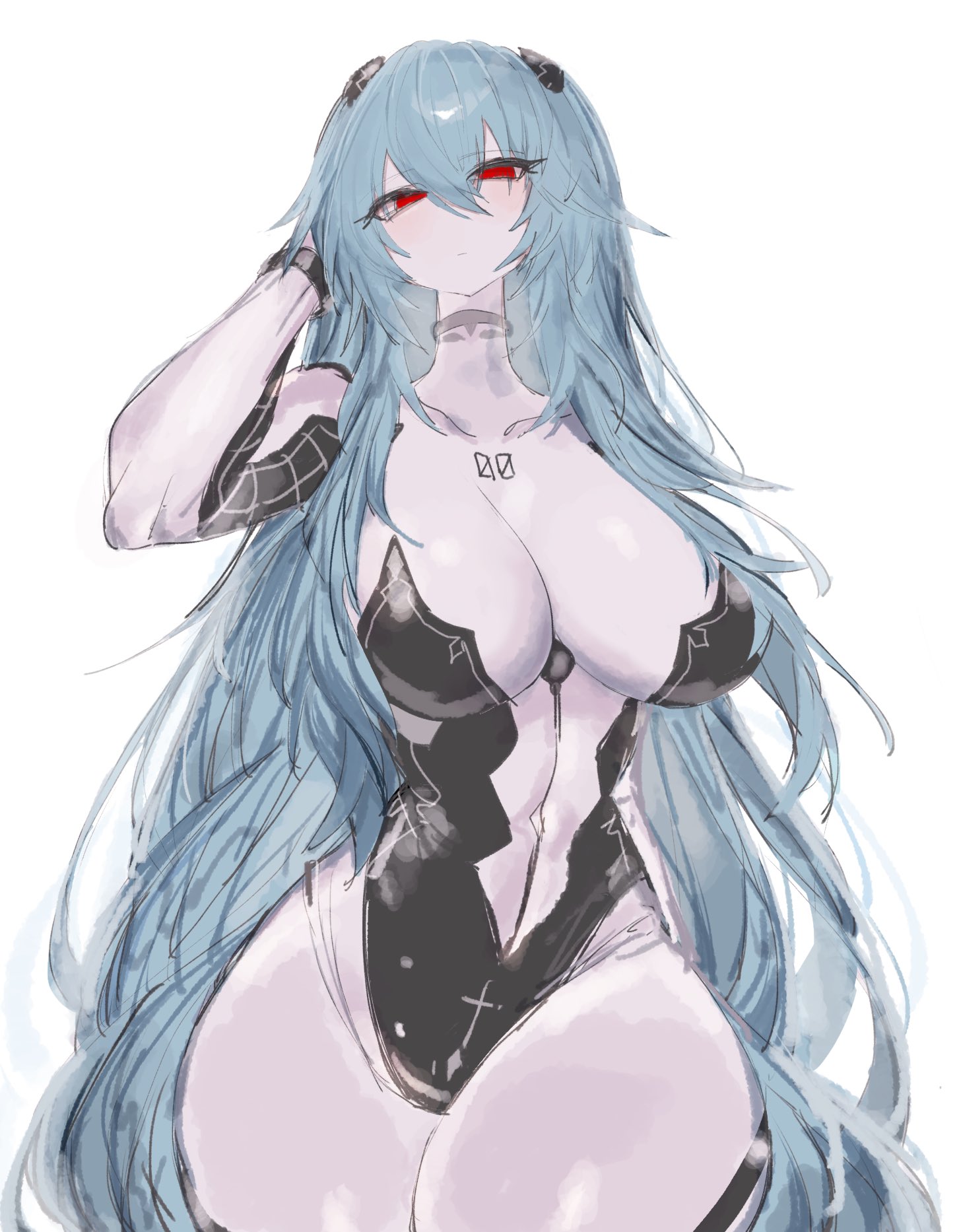 1girls, anime, anime nose, anime style, big breasts, black clothing, blue hair, bodysuit, breasts, breasts bigger than head, clothing, curvy, female, female thick thighs, human, light skin, light-skinned female, neon genesis evangelion, pale skin, pale-skinned female, pilot suit, plugsuit, rebuild of evangelion, red eyes, rei ayanami, solo, tagme, thick thighs, voluptuous, wide hips