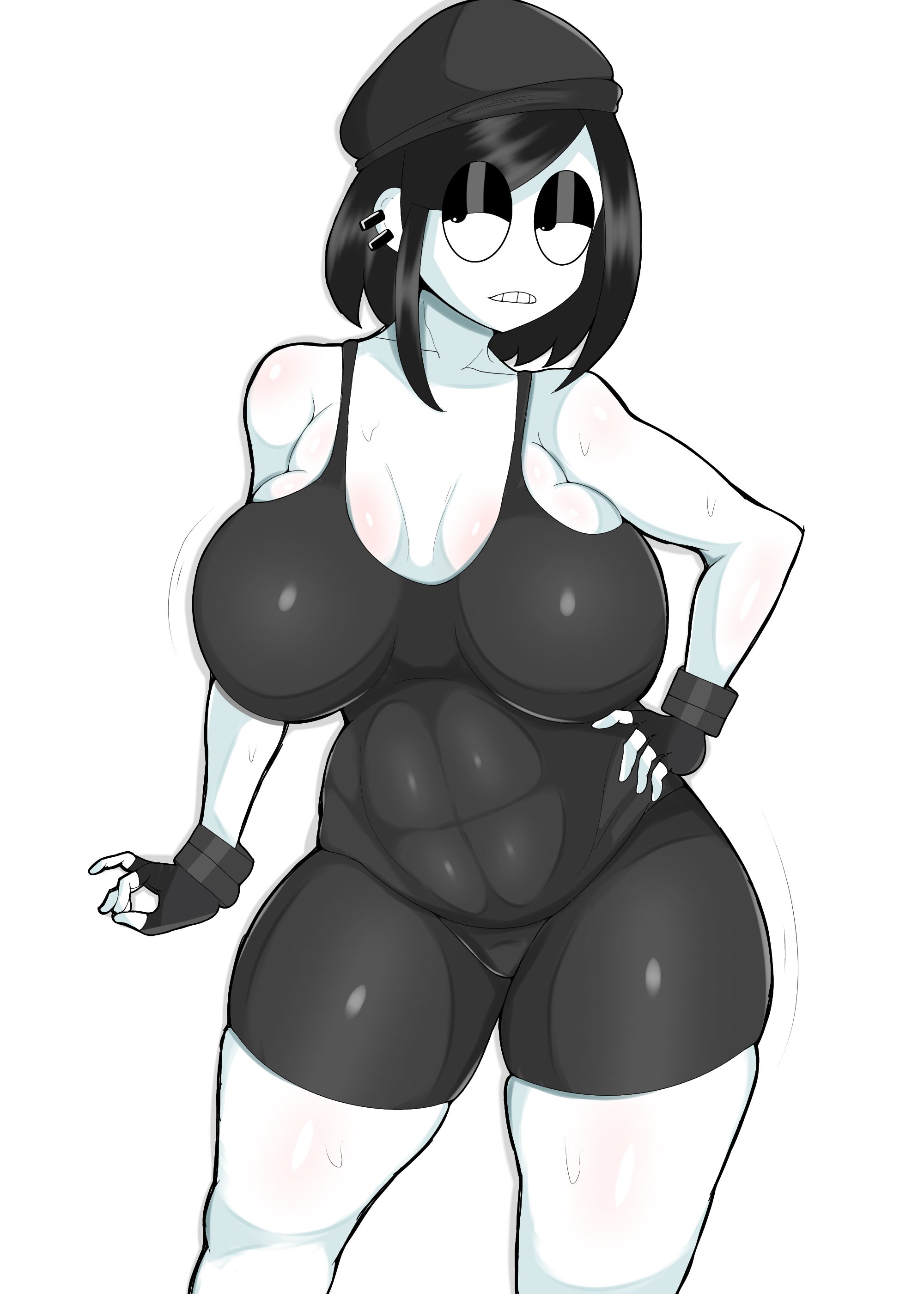 1girls, 2023, 2d, big breasts, black clothing, black hair, breasts, clothed, clothing, female, female focus, female only, fingerless gloves, gloves, hat, hi res, jach 5000, large breasts, light skin, light-skinned female, piercings, skindentation, solo, solo female, standing, sweat, sweating, sweaty, sweaty arms, sweaty thighs, thick thighs, thighs, veronica (saltynoodles), white background