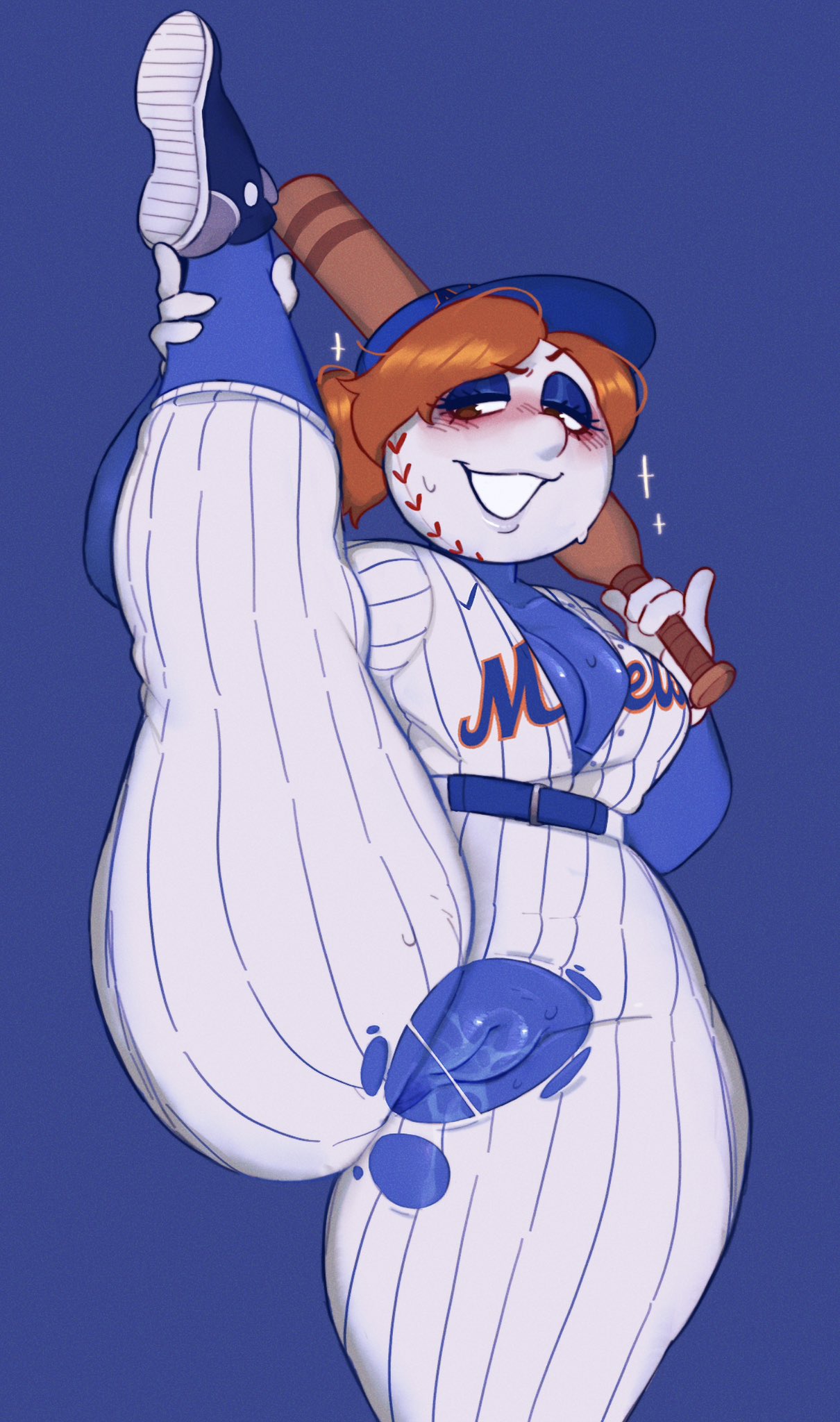 1girls 2023 2d averrbaverr baseball baseball_bat baseball_cap baseball_uniform blue_background blue_body blue_skin blush breasts cleavage female female_focus female_only hand_on_leg hat hi_res holding_leg holding_object leg_up looking_at_viewer mrs._met one_leg_up open_clothes open_shirt ponytail presenting presenting_pussy pussy ripped_clothing ripped_pants smile solo solo_female sweat sweatdrop sweating sweaty sweaty_body sweaty_breasts sweaty_face thick_thighs thighs torn_clothes torn_clothing torn_legwear wet wet_pussy