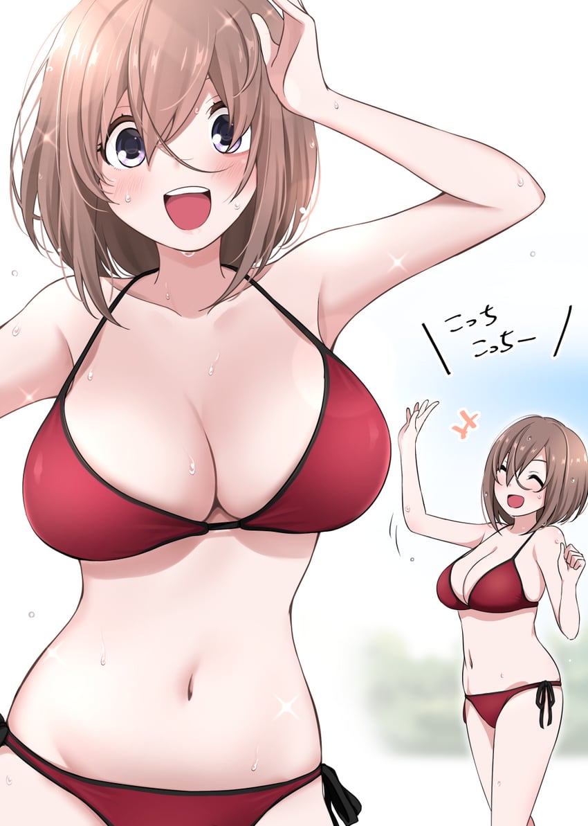 big_breasts bikini blush cleavage ikari_manatsu kamihira_mao original side_tie_bikini wet