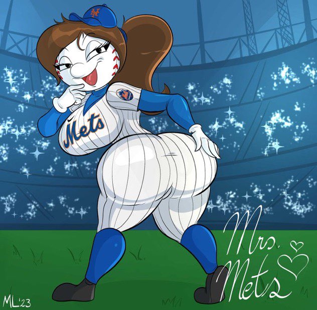 1girls ameizing_lewds autographed baseball baseball_cap baseball_uniform big_breasts brunette cameltoe clothed_female dat_ass huge_ass large_breasts mascot mascots mlb mrs._met new_york_mets nike only_female smile striped_clothing tagme