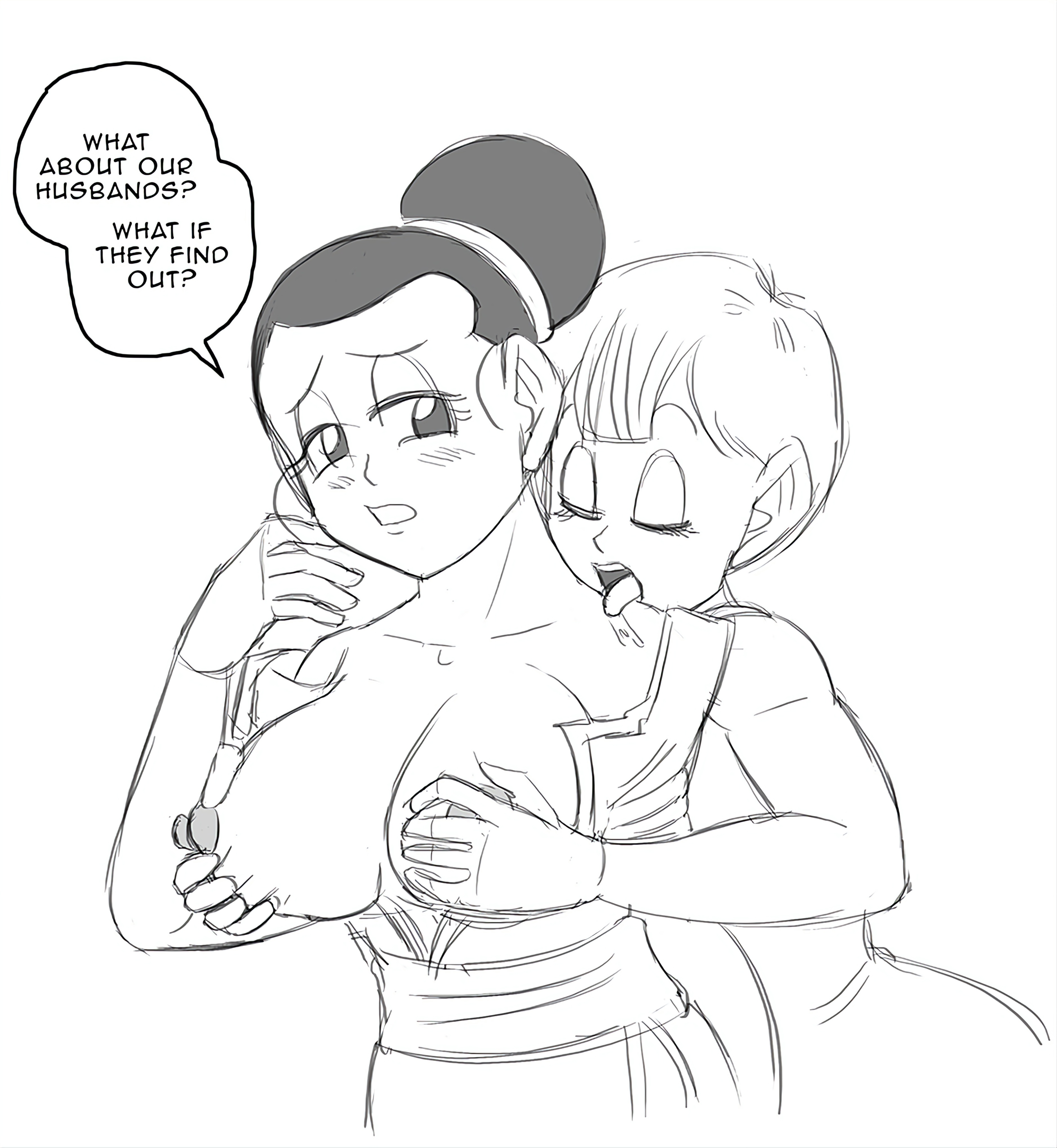2girls, 2milfs, bulma briefs, chichi, dragon ball, dragon ball super, dragon ball z, female, funsexydragonball, lesbian sex, light skin, light-skinned female, milf, milfs, monochrome, multiple females, multiple girls, yuri