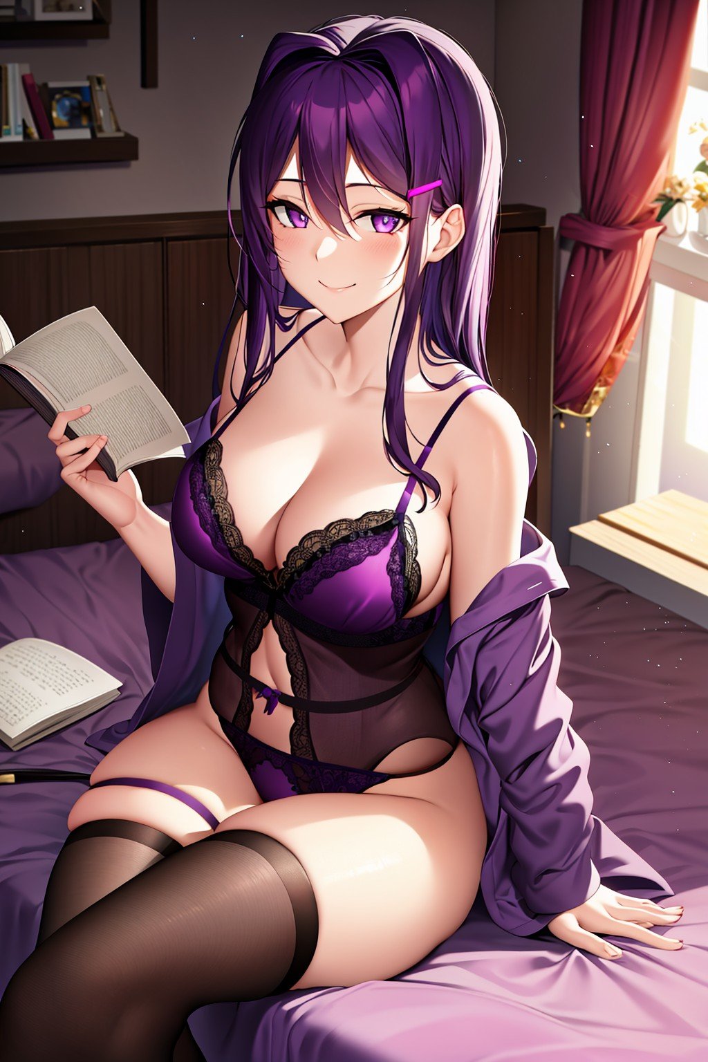 ai generated, black tights, doki doki literature club, female, lingerie, long hair, purple eyes, purple hair, purple lingerie, wholesome, yuri (doki doki literature club)