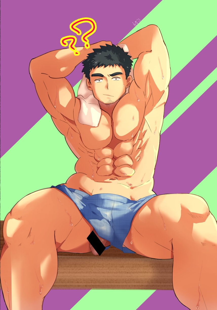 1boy ? ?? abs armpits arms_up bara blue_male_underwear boxers bulge clothing_aside feet_out_of_frame flaccid gay goatee_stubble highres large_pectorals looking_at_viewer male male_focus male_only male_underwear male_underwear_aside mature_male muscular muscular_male navel no_nipples pectorals penis penis_peek penis_through_leghole ragi_san_(ononokomachiimo) senpai_ga_uzai_kouhai_no_hanashi short_hair sideburns solo solo_male spread_legs stomach sweat takeda_harumi_(shiromanta) thick_eyebrows thick_thighs thighs topless_male underwear very_sweaty wiping_sweat yaoi