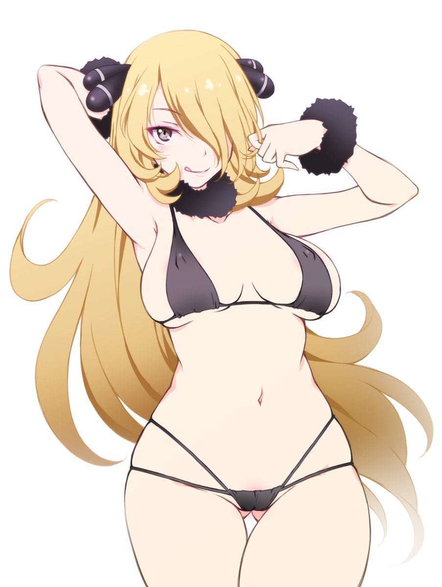 bikini, blonde hair, cynthia (pokemon), female, grey eyes, light skin, pokemon