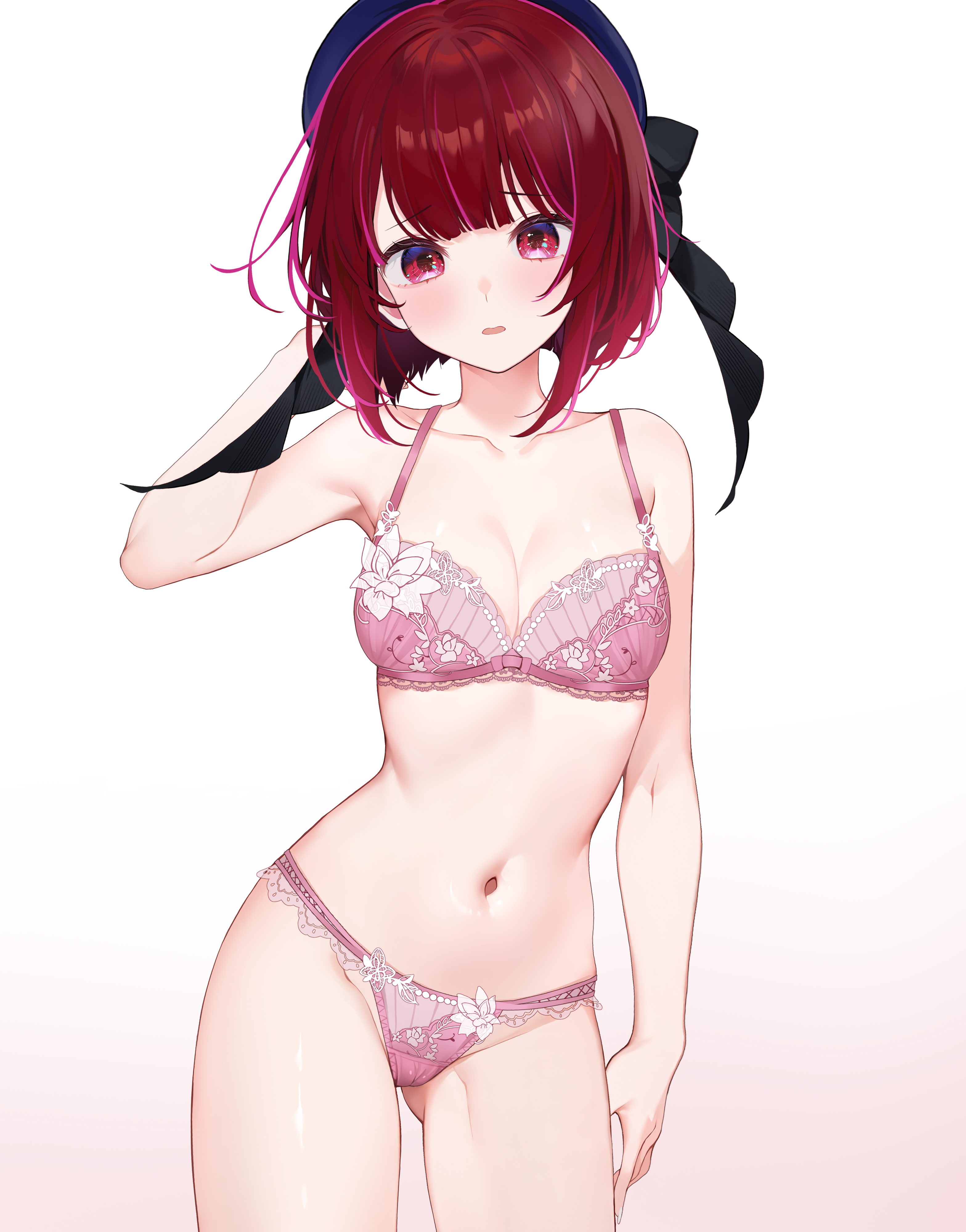 1girls, arima kana, bare shoulders, belly, black ribbon, blush, bra, breasts, cleavage, collar, embarrassed, female, female only, flustered, hand behind head, hat, highres, hips, light skin, light-skinned female, looking at viewer, machi (7769), midriff, navel, open mouth, oshi no ko, panties, pink bra, pink panties, pink underwear, red eyes, red hair, ribbon, short hair, solo, standing, stomach, surprised, underwear, waist, white background