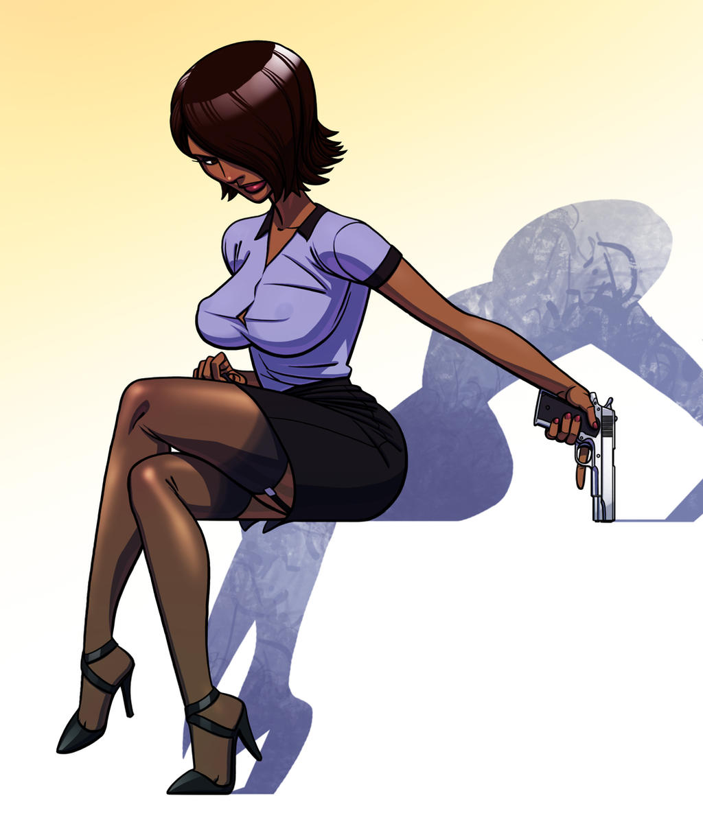 1girls amanda_(gao23) black_high_heels black_skirt brown_hair button_down_shirt button_gap colt_1911 female female_only fully_clothed gao23 garter_straps high_heels large_breasts legs_crossed nipple_bulge nipples_visible_through_clothing no_bra one_eye_covered pencil_skirt pendulous_breasts pistol_in_hand red_lipstick shadow shirt_unbuttoned skirt solo stockings thighhighs