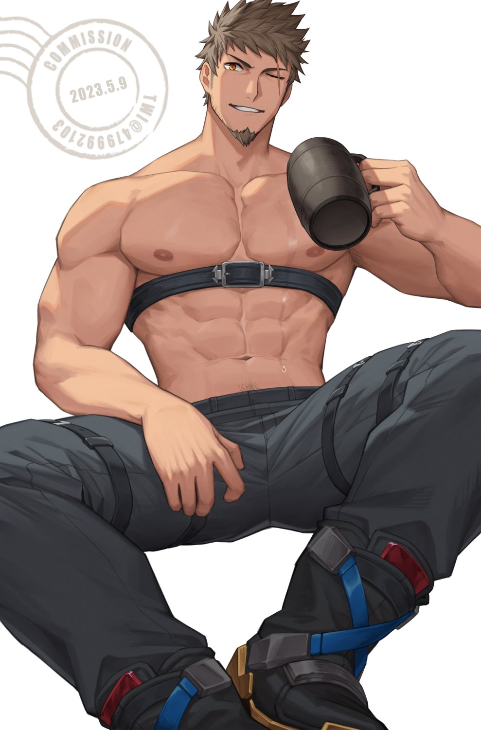 1boy, 479992103, bara, chest strap, eye scar, facial hair, goatee, male, male only, rex (xenoblade), rex (xenoblade) (future redeemed), scar, shirtless, shirtless male, xenoblade (series), xenoblade chronicles 2, xenoblade chronicles 3, xenoblade chronicles 3: future redeemed, yaoi