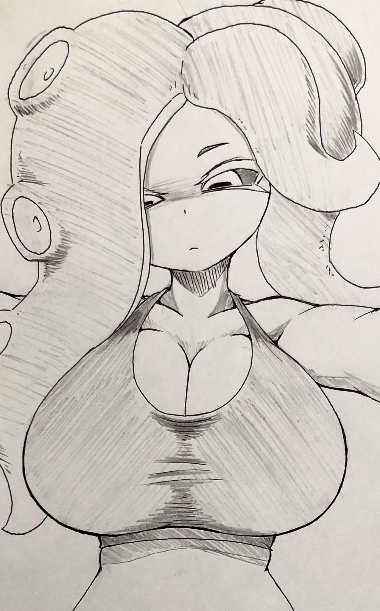 arms_in_front big_breasts black_and_white eyebrow_raise huge_breasts looking_down looking_down_at_breasts nintendo nobunagapero octoling octoling_girl octoling_rival peronattu splatoon tank_top tentacle_hair