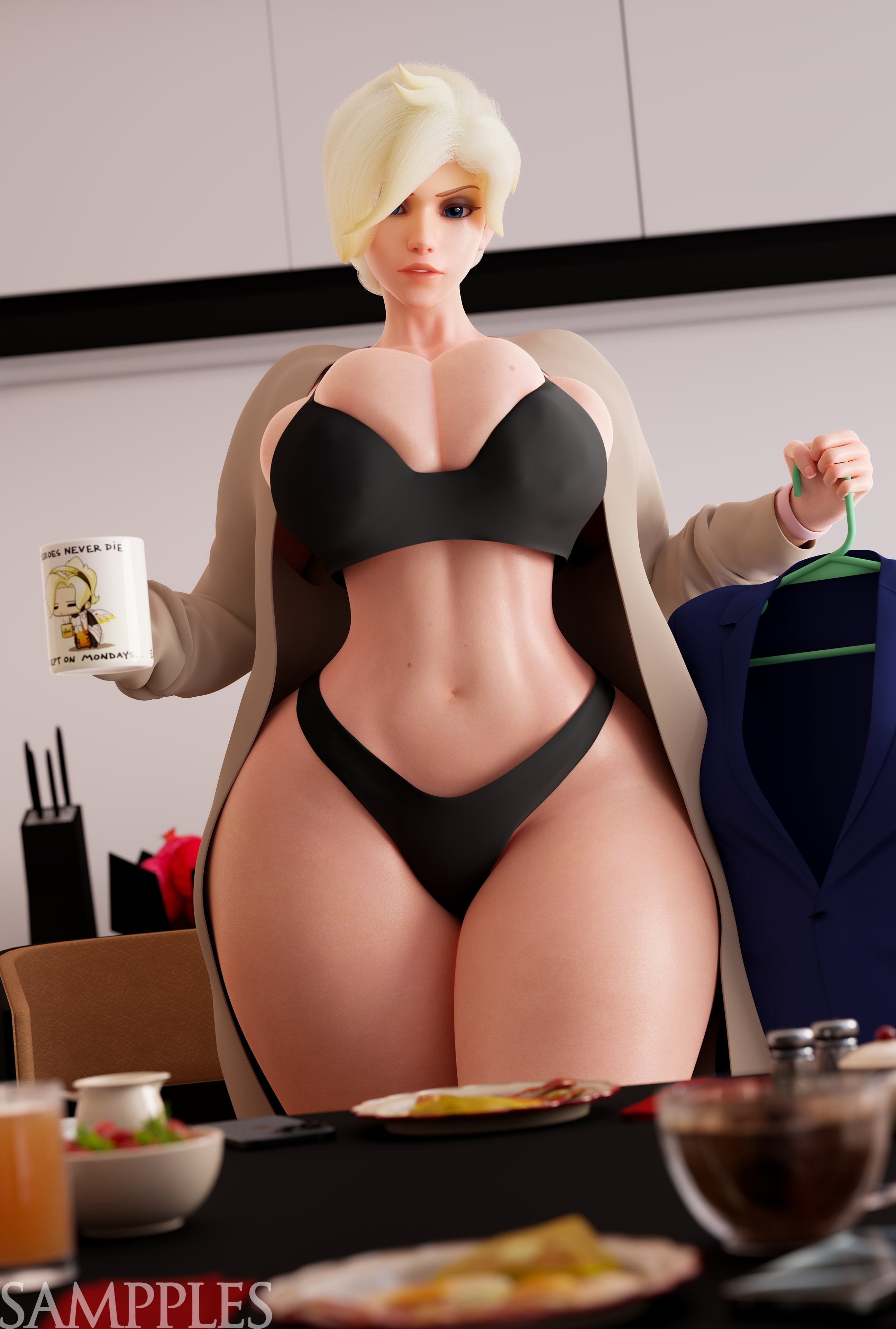 1girls, 3d, angela ziegler, big breasts, blizzard entertainment, blonde hair, breasts, doctor, dr. ziegler, female, female only, hourglass figure, labcoat, large breasts, light skin, light-skinned female, looking at viewer, looking down at viewer, mercy, overwatch, overwatch 2, panties, sampples, solo, thick thighs, thong, underwear, voluptuous, wide hips