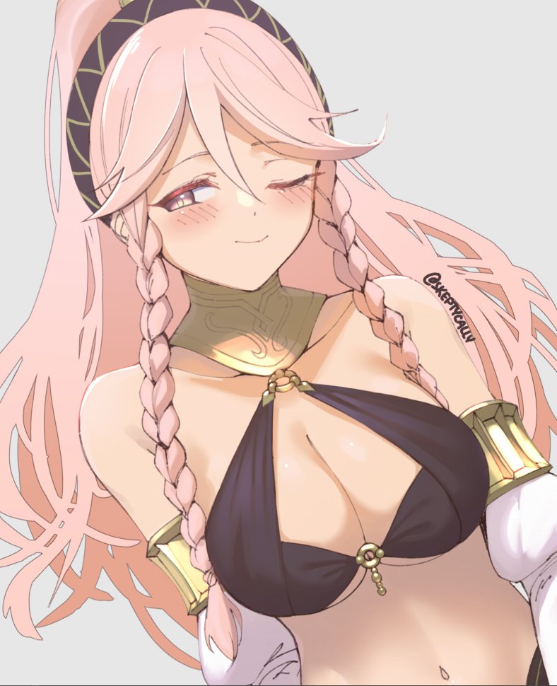 1girls alternate_costume artist_name bare_shoulders blush braid braided_hair breasts cleavage collarbone dancer dancer_outfit female female_only fire_emblem fire_emblem_awakening fire_emblem_heroes grey_background hair_between_eyes hairband headband large_breasts light_smile long_hair medium_breasts midriff multiple_braids navel nintendo o-ring o-ring_top official_alternate_costume olivia_(fire_emblem) olivia_(performing_arts)_(fire_emblem) one_eye_closed pink_eyes pink_hair simple_background skeptycally smile solo twitter_username upper_body