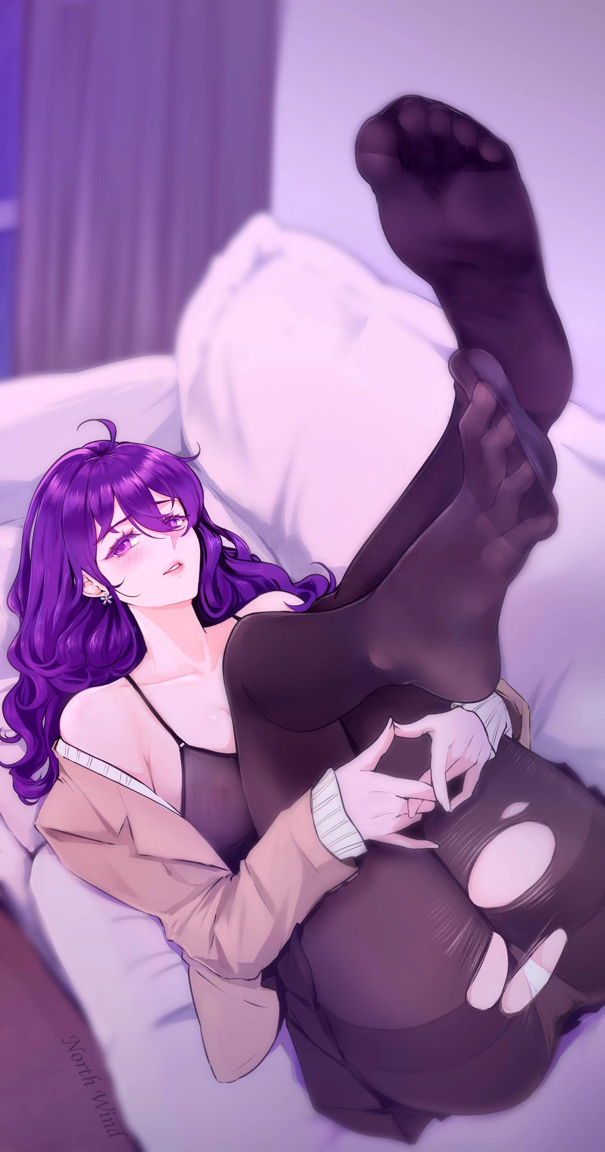 absurdres, beifeng han, blush, breasts, couch, feet, female, highres, large breasts, legs up, long hair, looking at viewer, lying, medium breasts, miyaura sanshio, nipples, on back, original, panties, pantyhose, parted lips, purple eyes, purple hair, see-through, soles, solo, toes, torn clothes, torn pantyhose, underwear