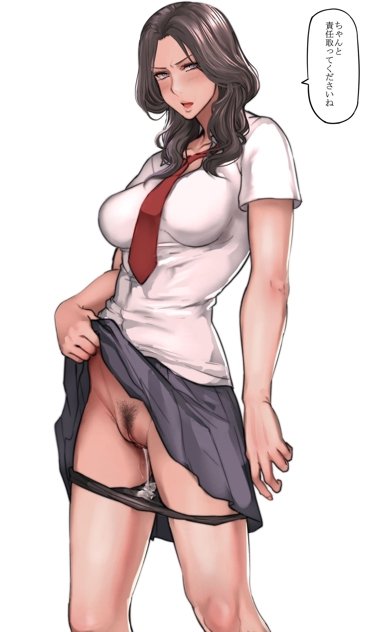 1girls, 2019, absurd res, bare arms, black hair, black panties, blush, breasts, clothing, creampie, cum, cum drip, cum in pussy, cum inside, cum leaking, cum on panties, cum stain, female, female only, female pubic hair, hairy pussy, highres, impregnation risk, japanese text, lifted by self, medium breasts, necktie, open mouth, original, panties, panties down, panty pull, pepe (jonasan), pleated skirt, presenting, pubic hair, pussy, pussy juice, pussy juice trail, school uniform, shirt, silver eyes, simple background, skirt, skirt lift, skirt lifted by self, solo, speech bubble, standing, text, thighs, tight clothing, tongue, translated, uniform, vagina, white background, white shirt