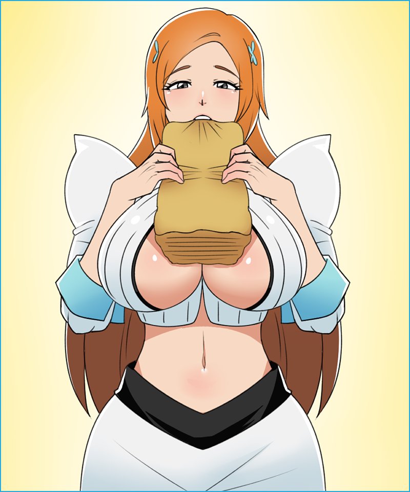 1girls big_breasts bleach bleach:_the_thousand-year_blood_war boob_window bread breasts busty cleavage cleavage_cutout curvy donchibi dress eating_food female female_only food front_view inoue_orihime loaf long_hair midriff navel orange_hair seductive seductive_look solo standing wide_hips