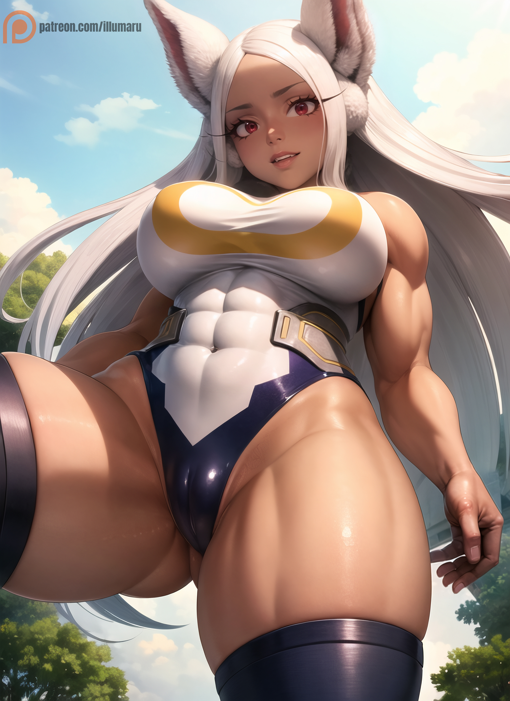 1girls, 2023, abs, ai generated, animal ears, big breasts, bodysuit, boku no hero academia, breasts, bunny ears, bunny girl, bunny tail, clothing, dark skin, dark-skinned female, detailed, female, female focus, female only, from below, fully clothed, hi res, hips, illumaru, large breasts, leg up, long hair, looking at viewer, looking down, miruko, muscular, muscular female, my hero academia, outside, red eyes, rumi usagiyama, seductive look, skin tight, solo, stable diffusion, standing, thick thighs, thighhighs, toned, very long hair, white hair