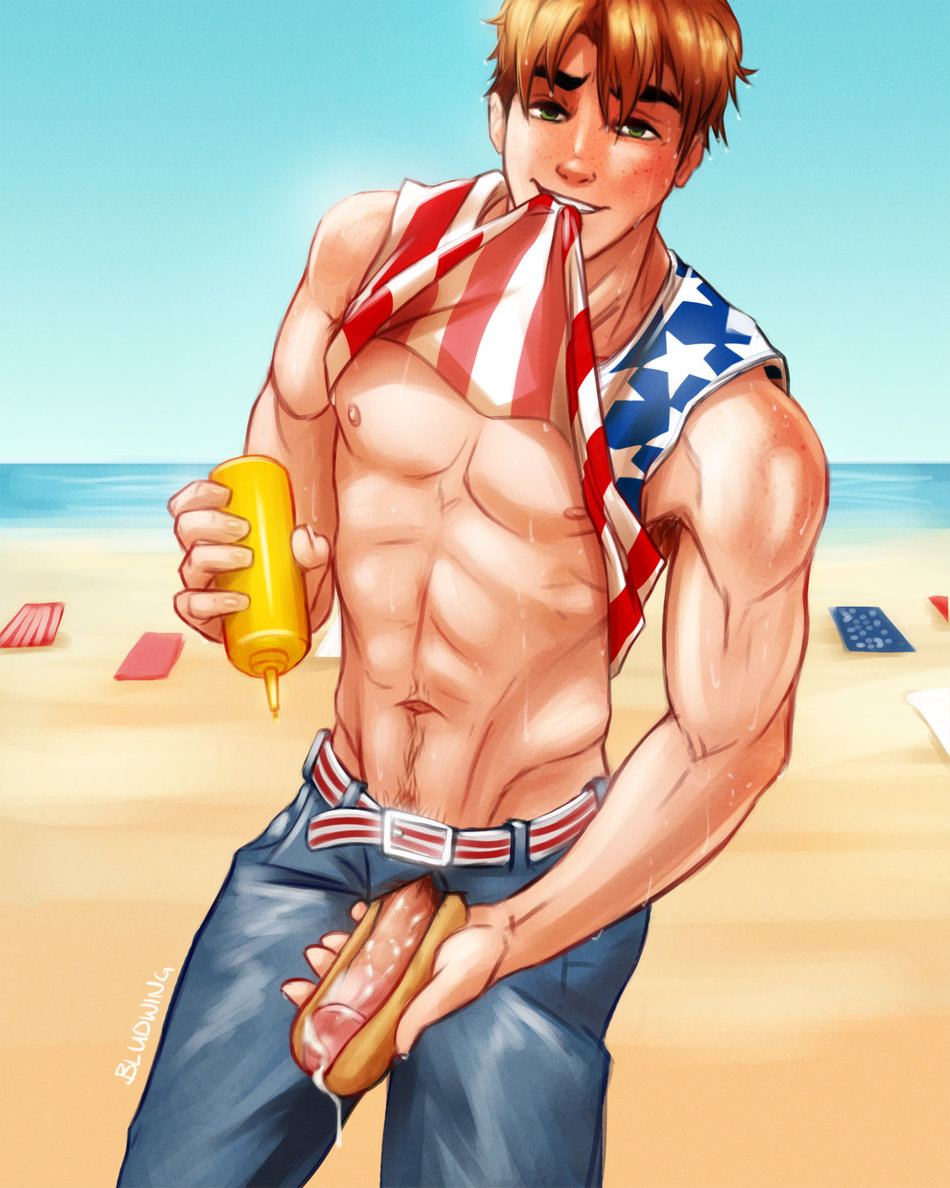 abs american_flag american_flag_print archie_andrews archie_comics beach bludwing bodily_fluids circumcised circumcision_scar cum cum_on_food cum_on_penis erection feet_out_of_frame food freckles freckles_on_face freckles_on_shoulders ginger green_eyes holding_object holding_penis hot_dog light-skinned_male light_skin looking_at_viewer male male_only muscular muscular_arms muscular_male mustard navel_hair pants_on penis_hot_dog penis_through_fly red_hair seaside shirt_in_mouth shirt_lift solo solo_male sweat sweatdrop sweating tank_top tank_top_lift