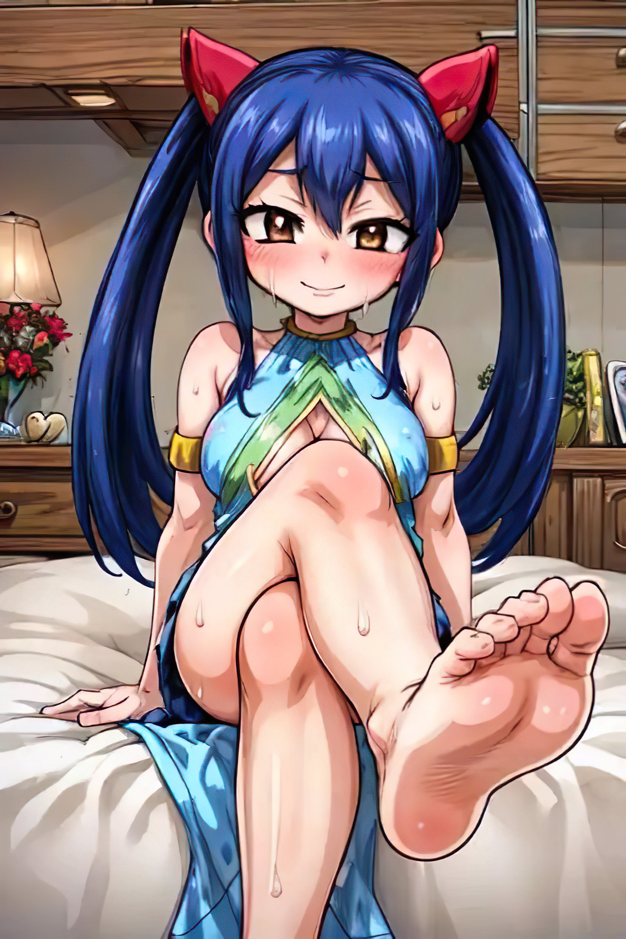 1girls, 5 toes, ai generated, alternate breast size, bed, bedroom, big breasts, blue hair, blush, breasts, brown eyes, cleavage, crossed legs, fairy tail, feet, female, foopanthia, foot fetish, foot focus, from below, highres, legs, legs crossed, looking at viewer, sitting, smile, smiling, sole female, soles, solo, solo female, solo focus, sweat, sweaty, tease, teasing, thick, thick thighs, thighs, toes, twintails, wendy marvell, wet